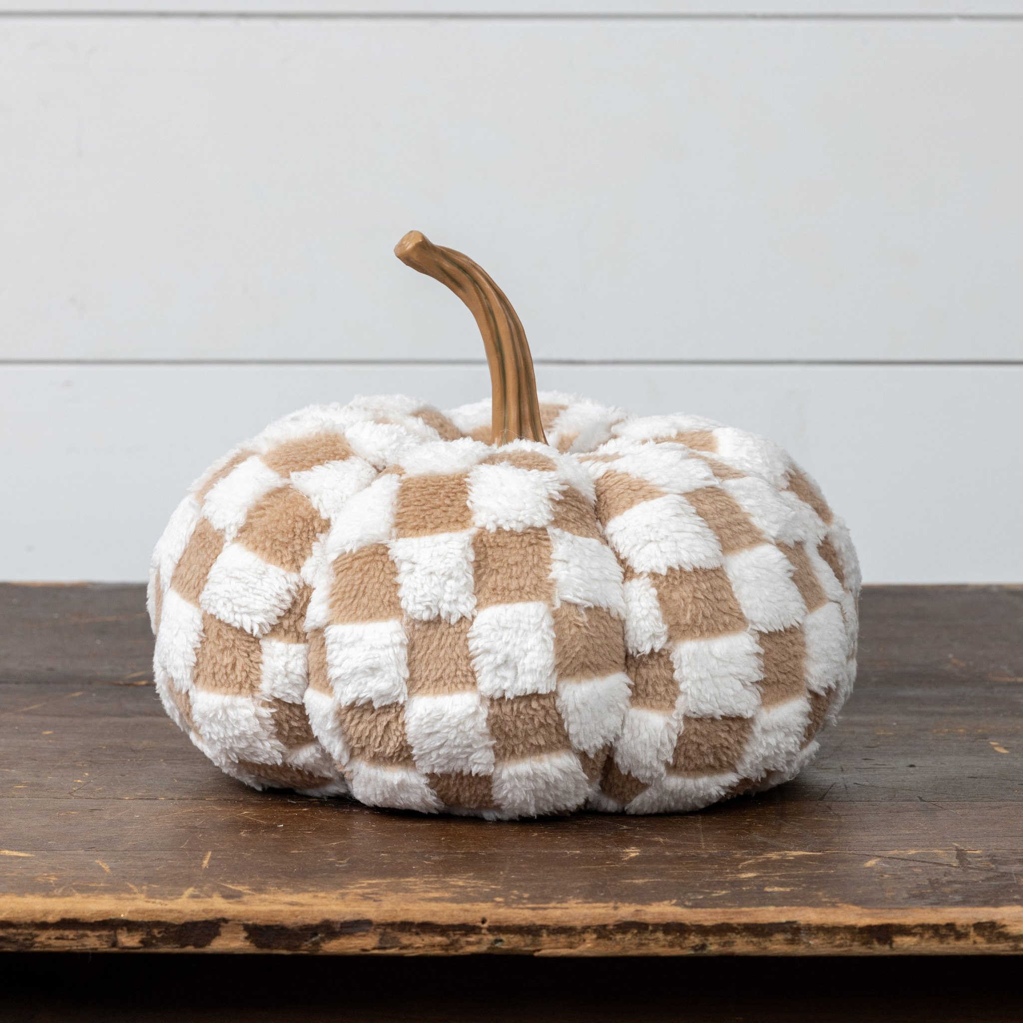 Brown & Cream Check Fabric Pumpkin, 9.75", photo 3 of 4