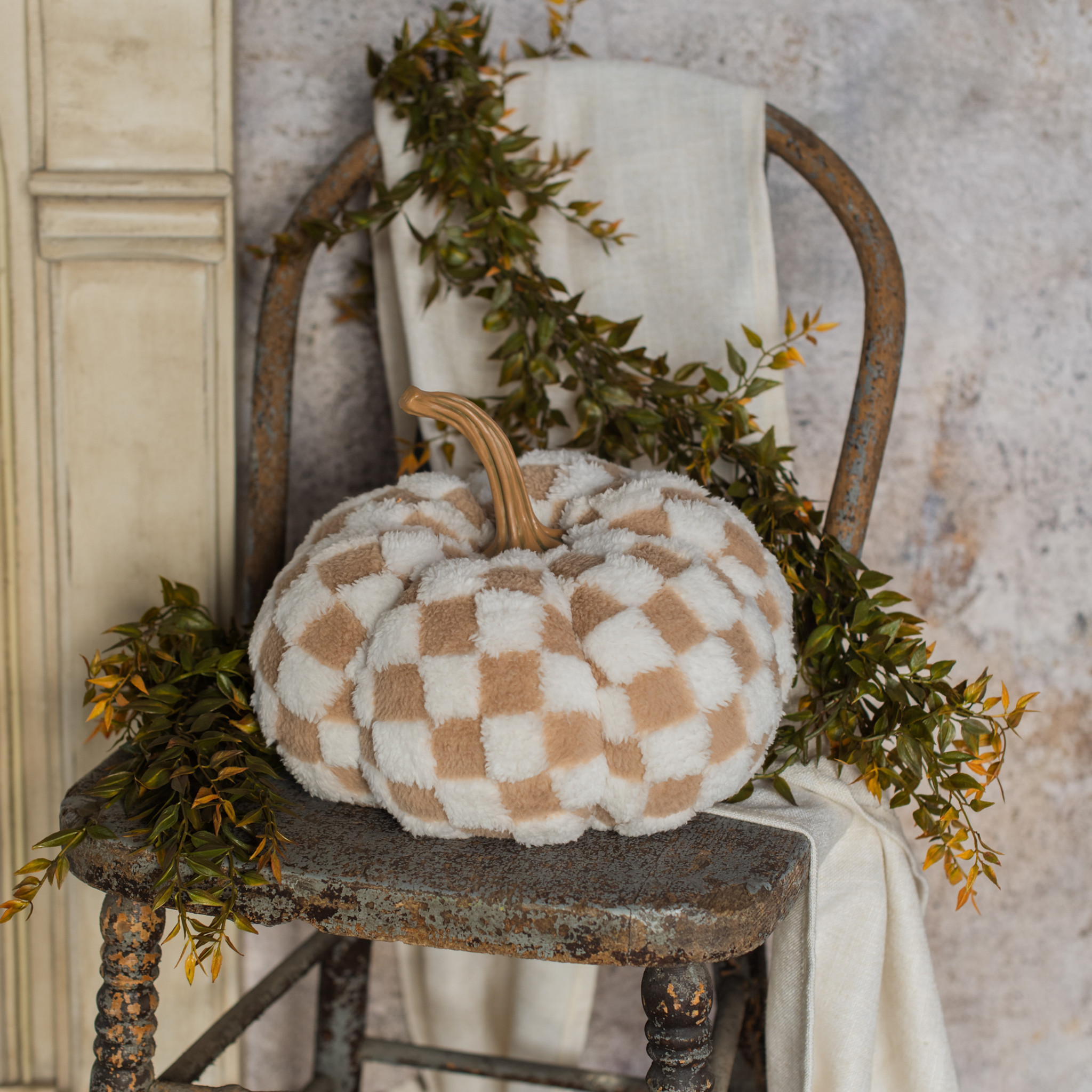 Brown & Cream Check Fabric Pumpkin, 9.75"