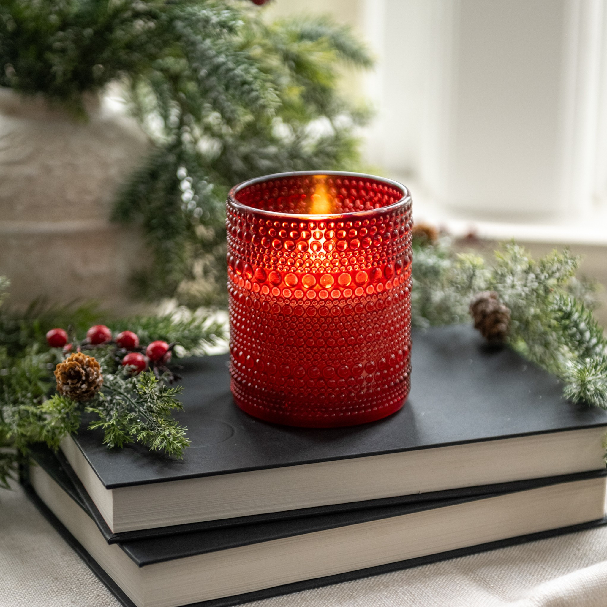 Flameless Red Dotted Glass Candle, 4"