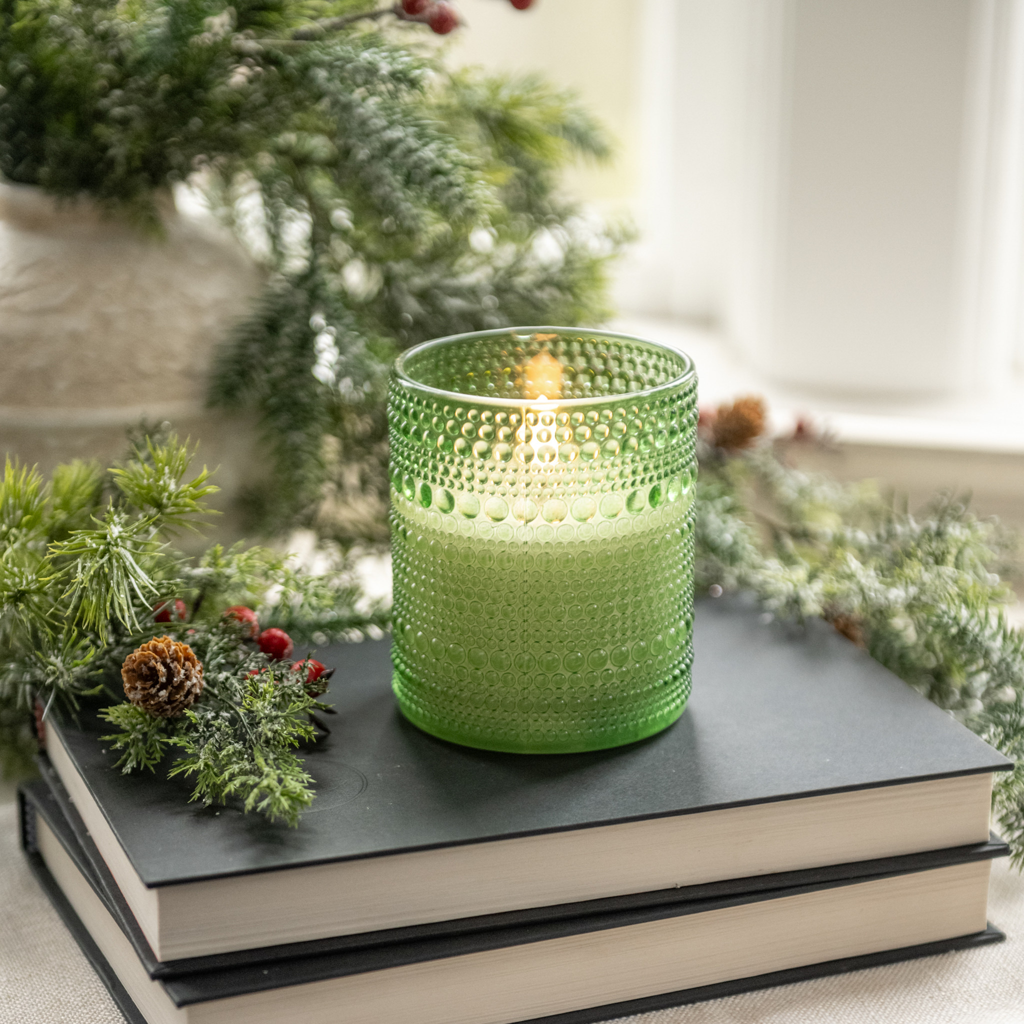 Flameless Pine Green Dotted Glass Candle, 4"