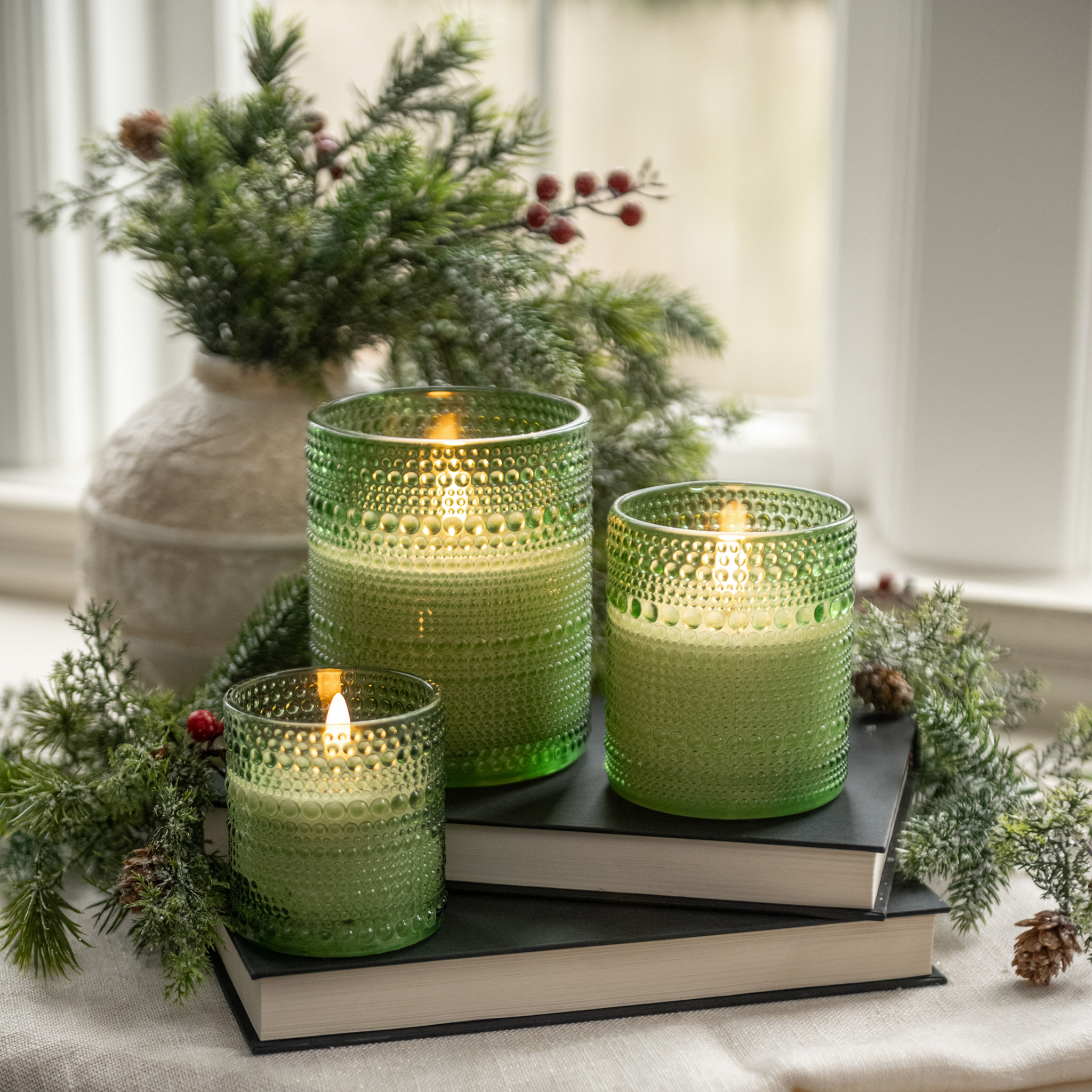 Flameless Pine Green Dotted Glass Candle, 4", photo 3 of 4