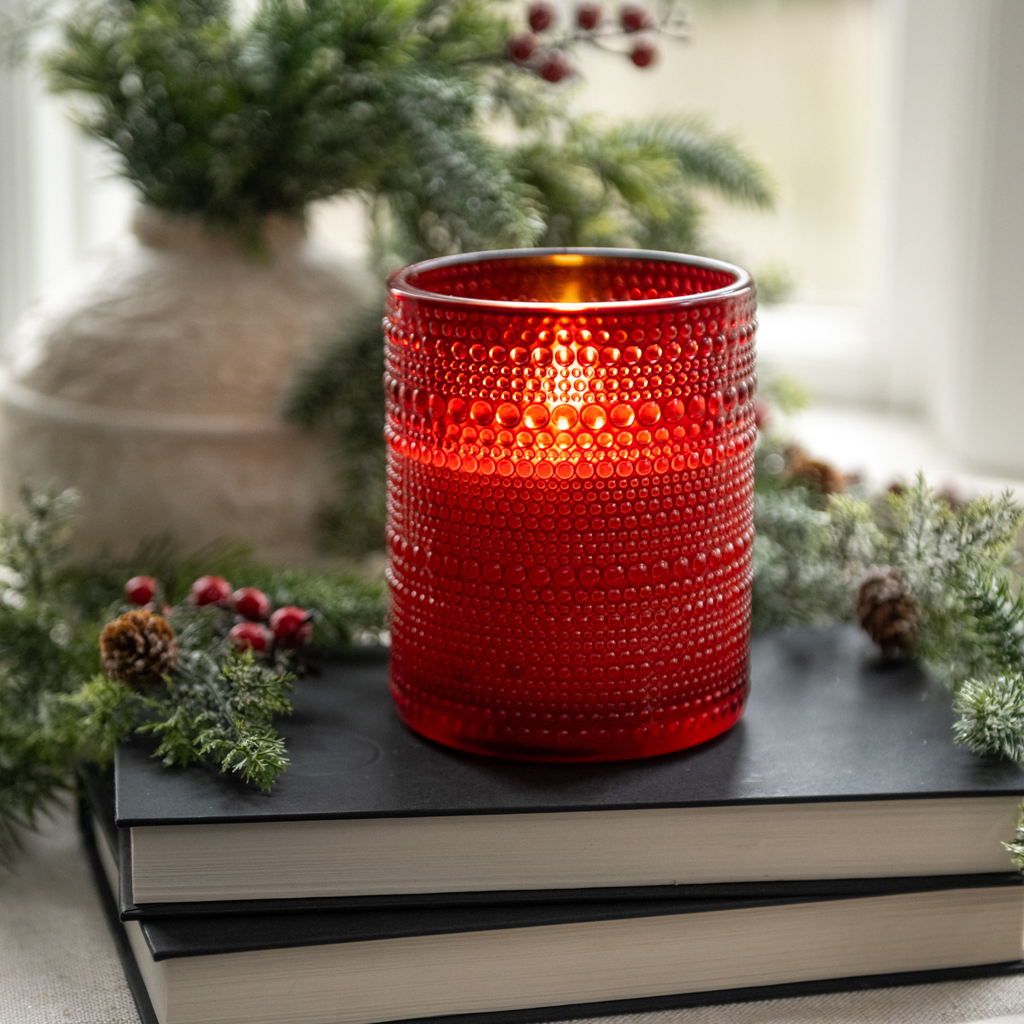 Flameless Red Dotted Glass Candle, 5"
