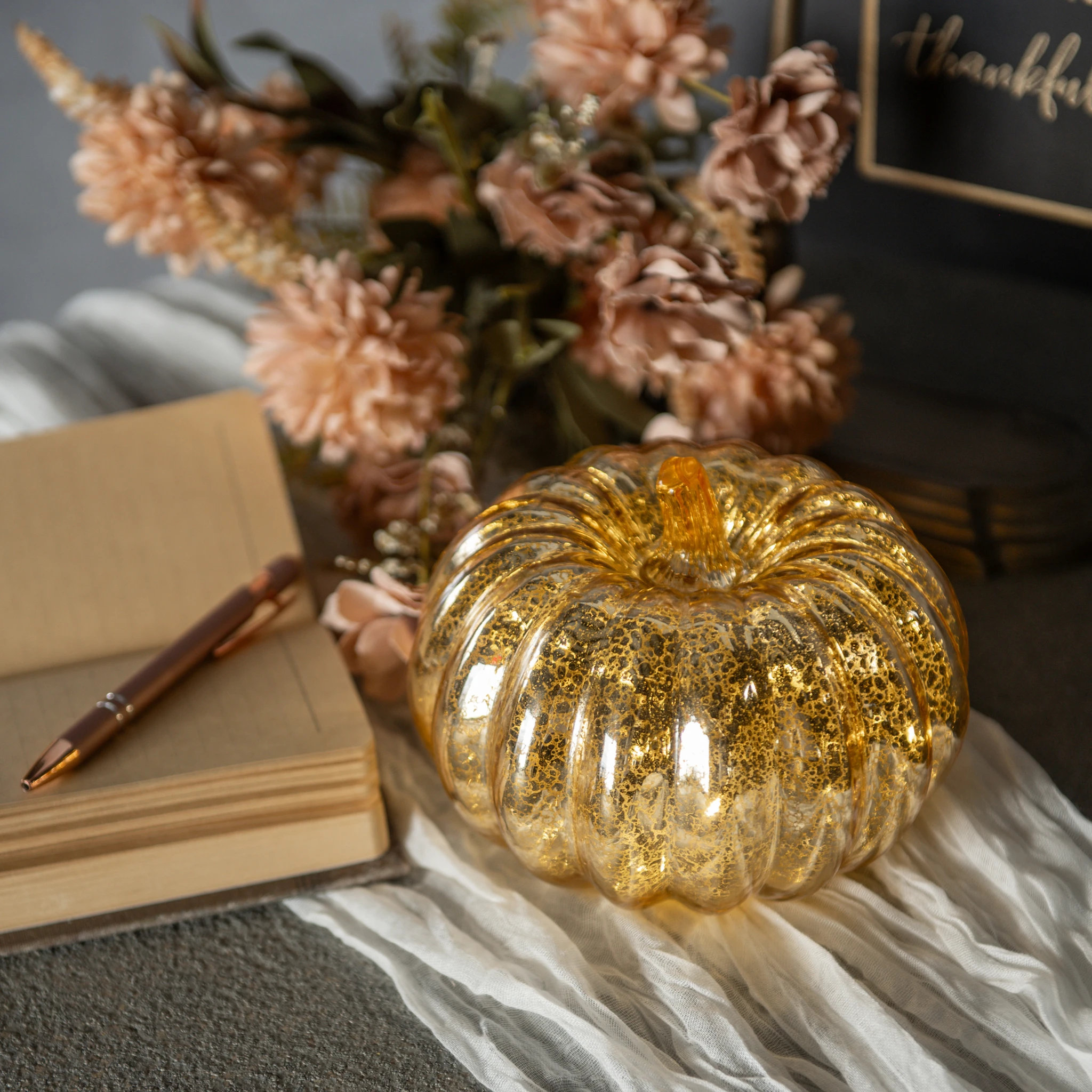 Gold Crackle Glass LED Pumpkin, 5"