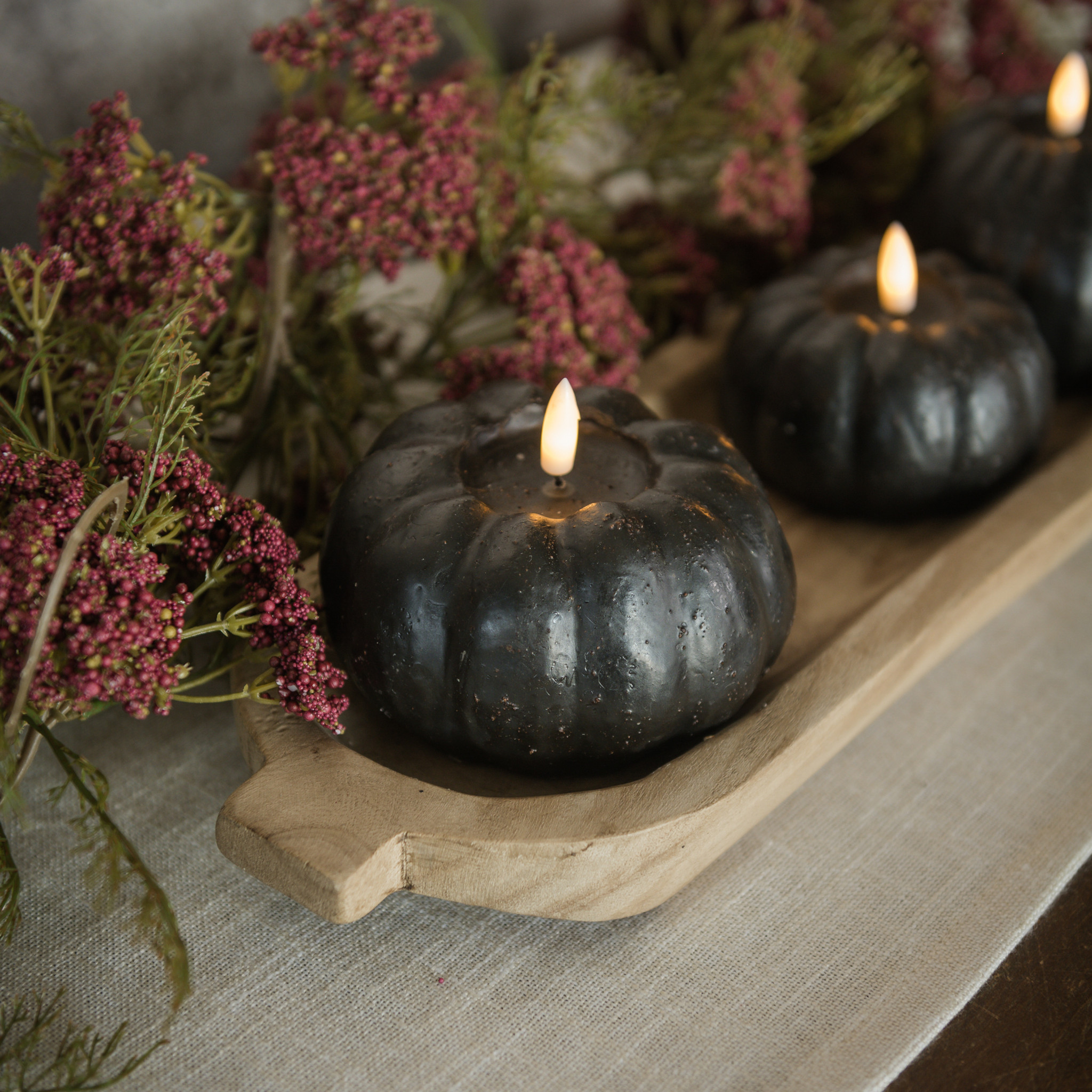 Flameless Black Short Pumpkin Candle, 3.5"