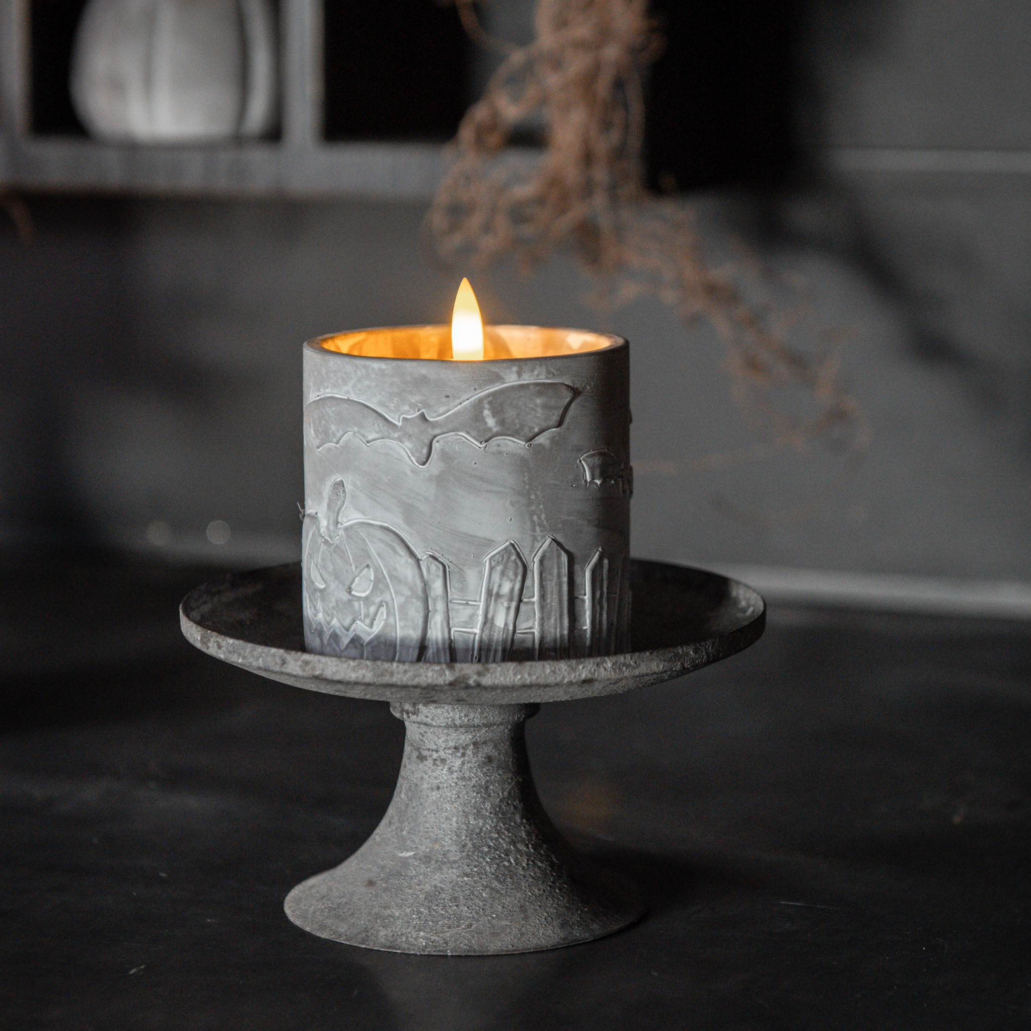 Flameless Bat & Pumpkin Candle, 4"