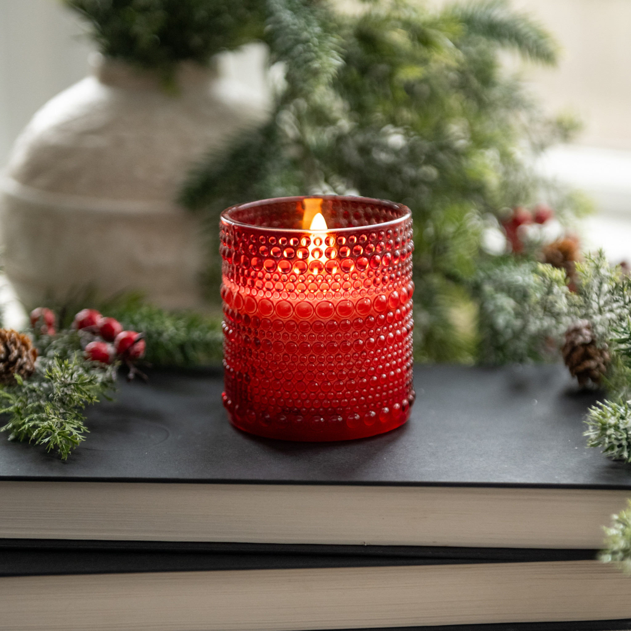 Flameless Red Dotted Glass Candle, 3.25"