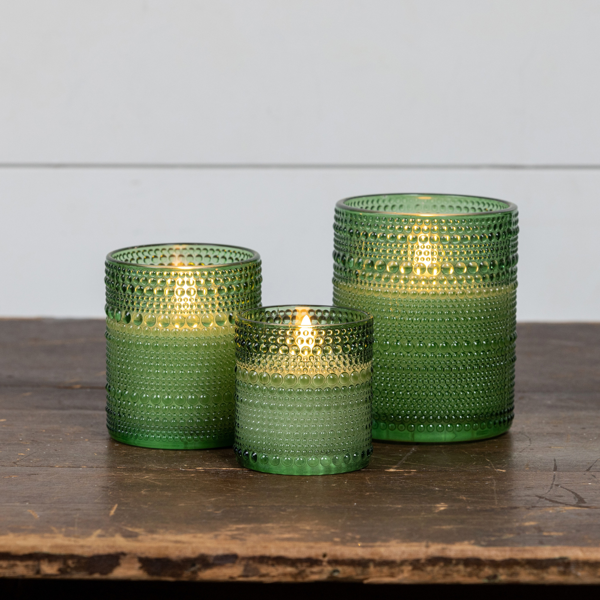 Flameless Pine Green Dotted Glass Candle, 3.25", photo 3 of 3