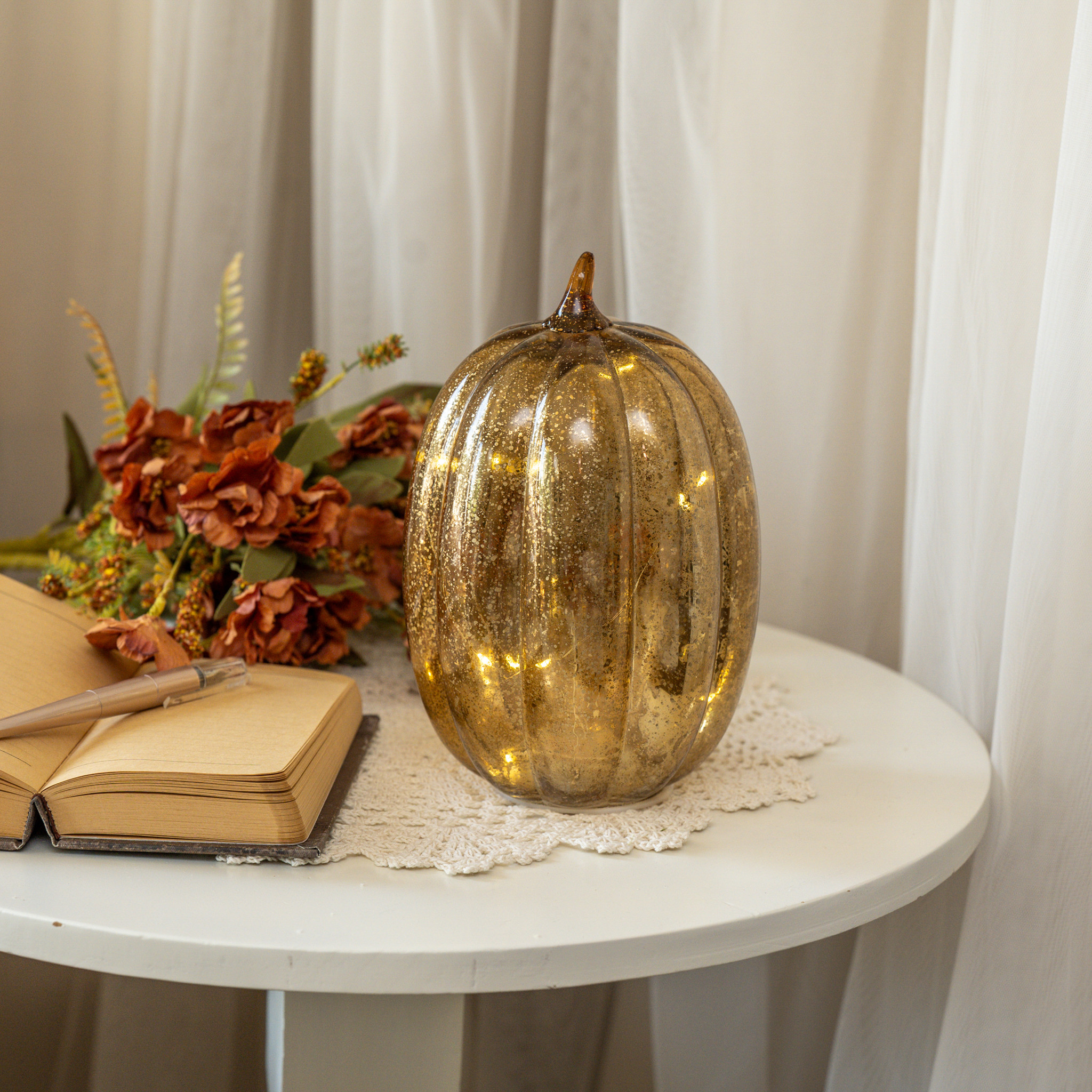 Gold Crackle Glass LED Pumpkin, 8.5"