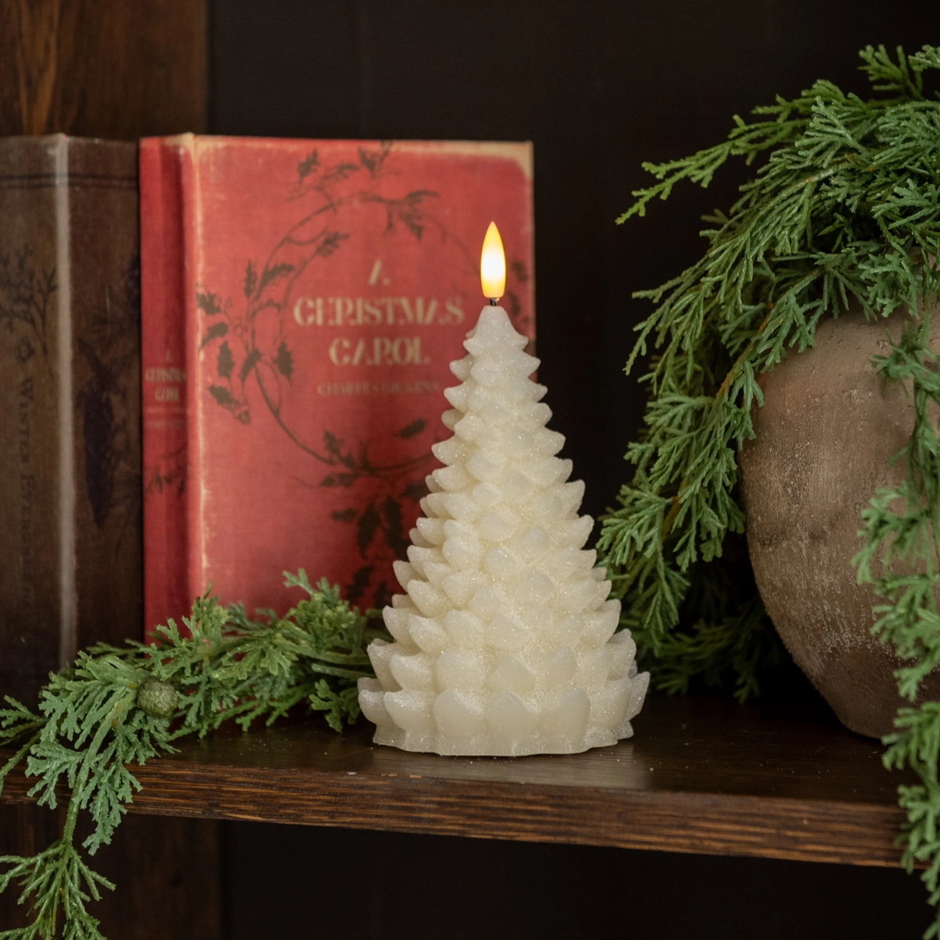 Flameless Cream Shimmer Balsam Tree Candle, 7"
