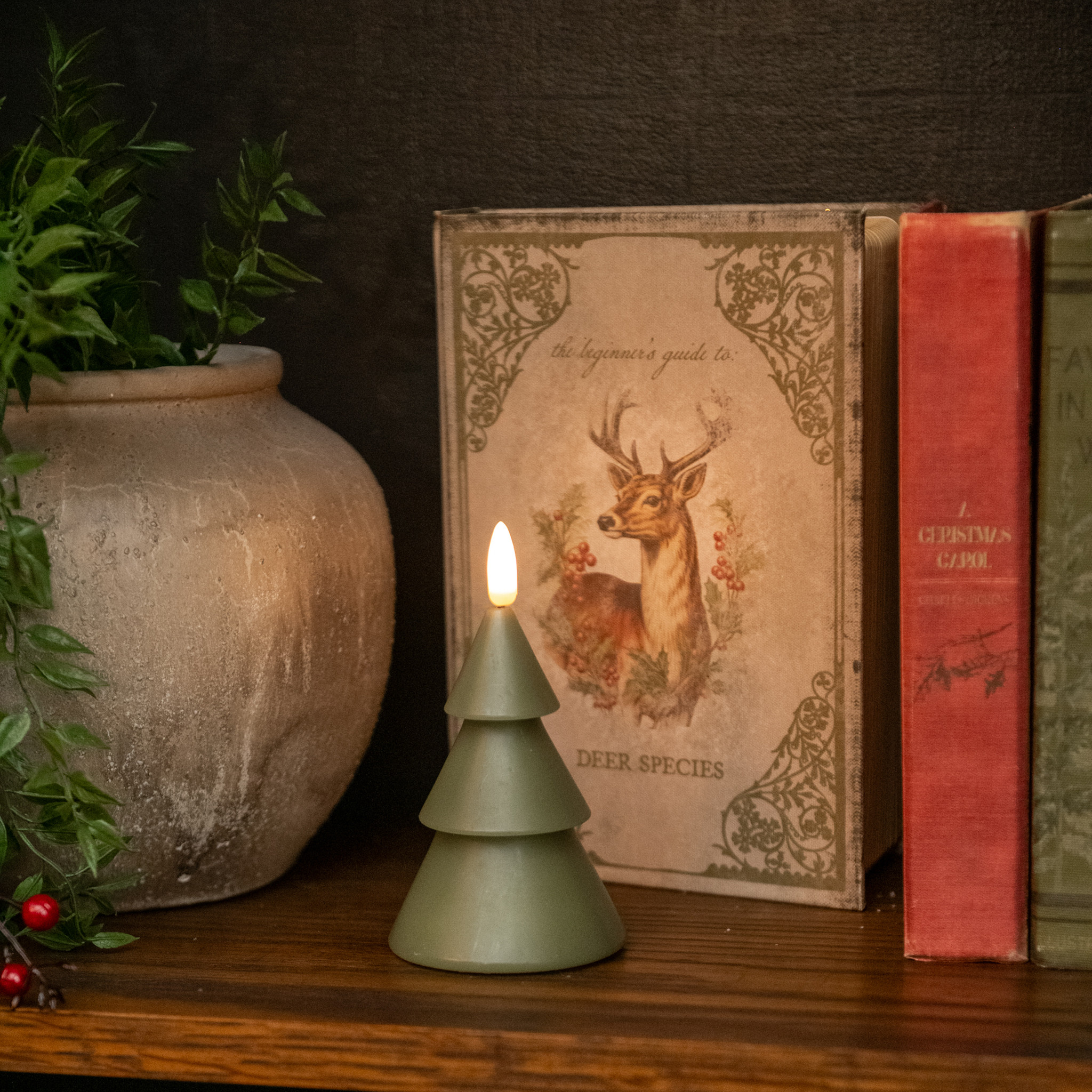 Flameless Dark Green Smooth Tree Candle, 5"