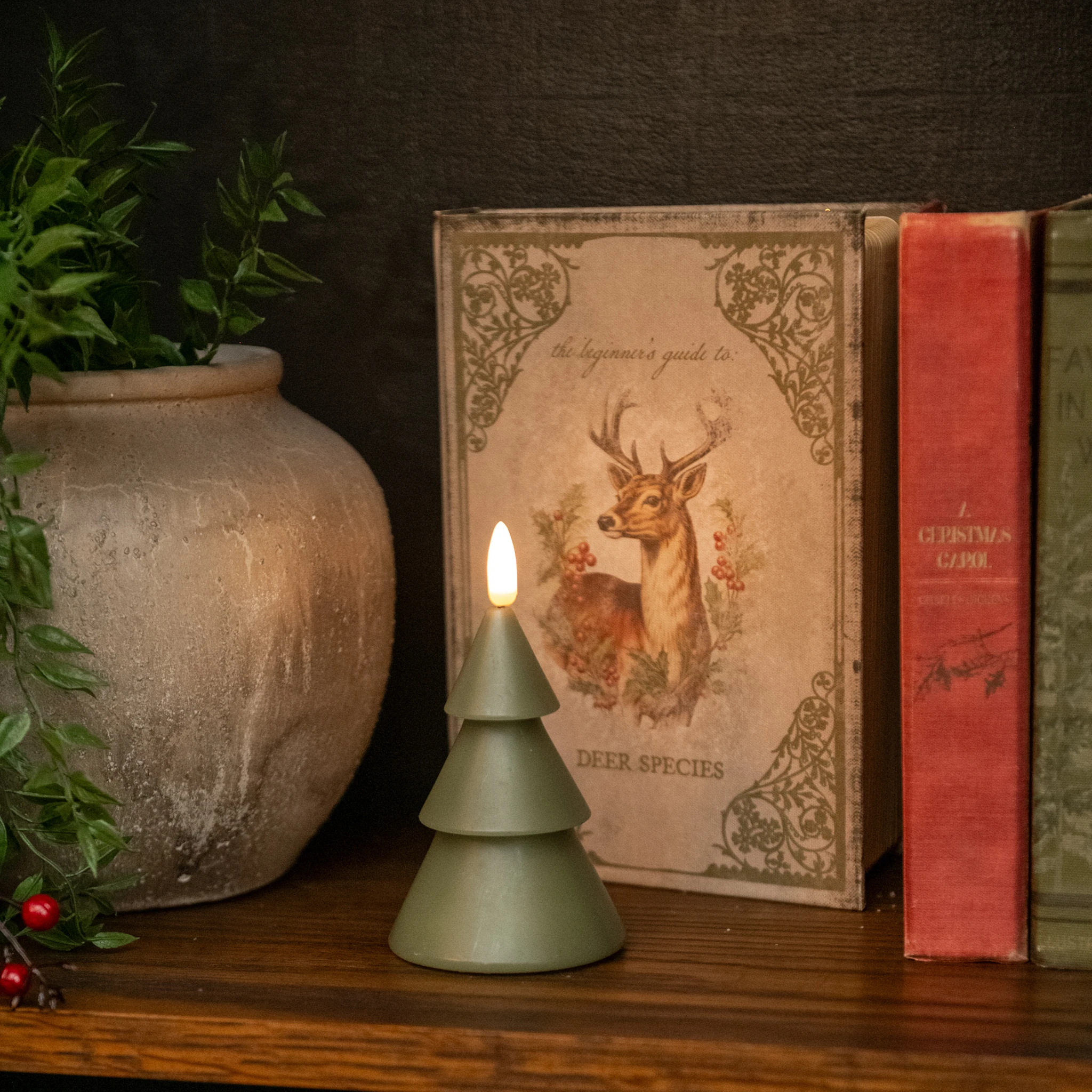 Flameless Dark Green Smooth Tree Candle, 5"
