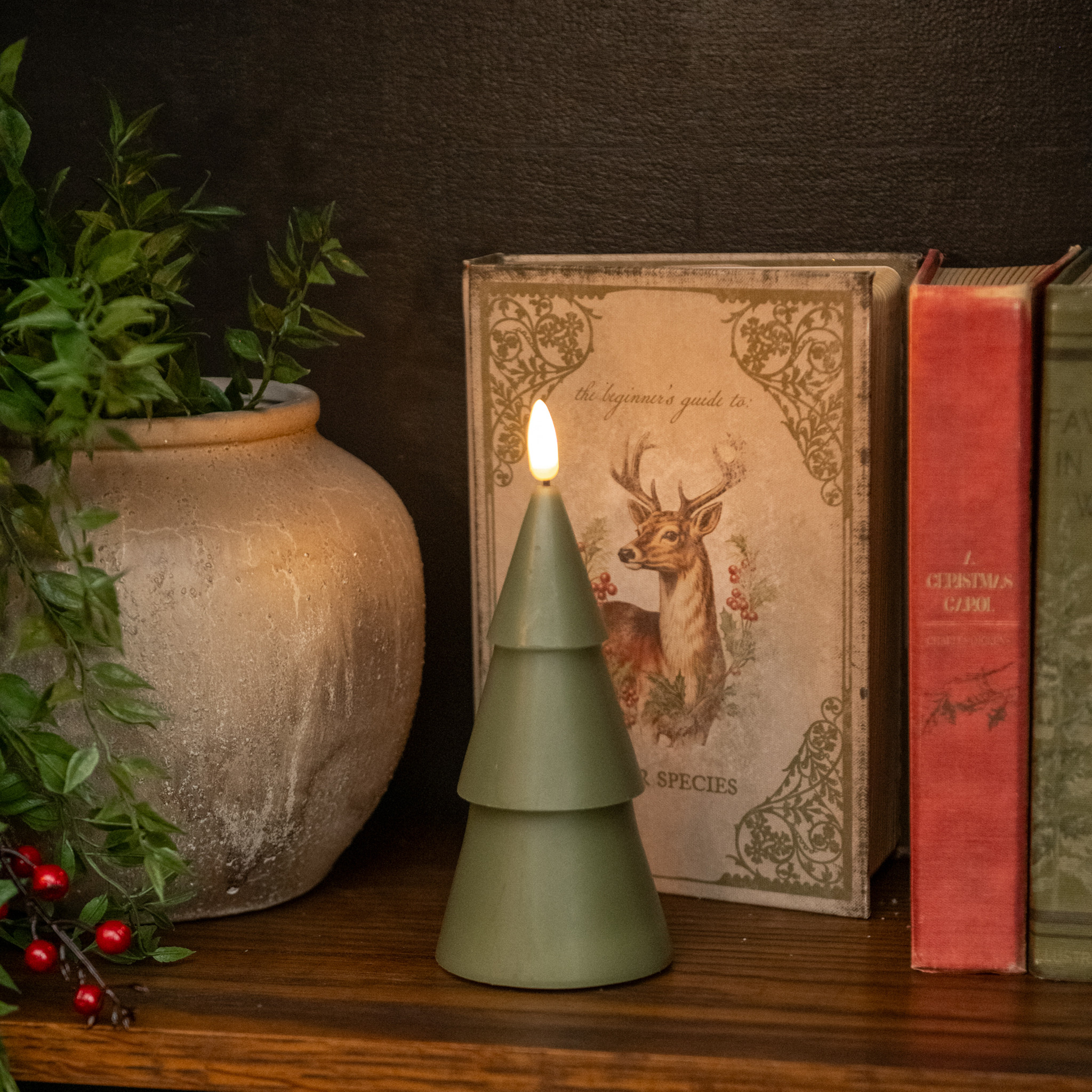 Flameless Dark Green Smooth Tree Candle, 7"
