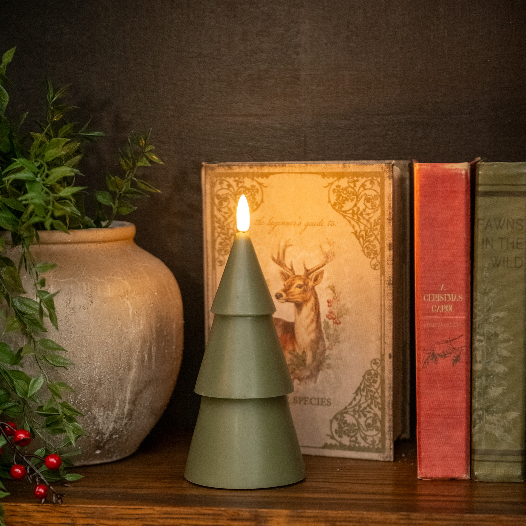 Flameless Dark Green Smooth Tree Candle, 7.75"