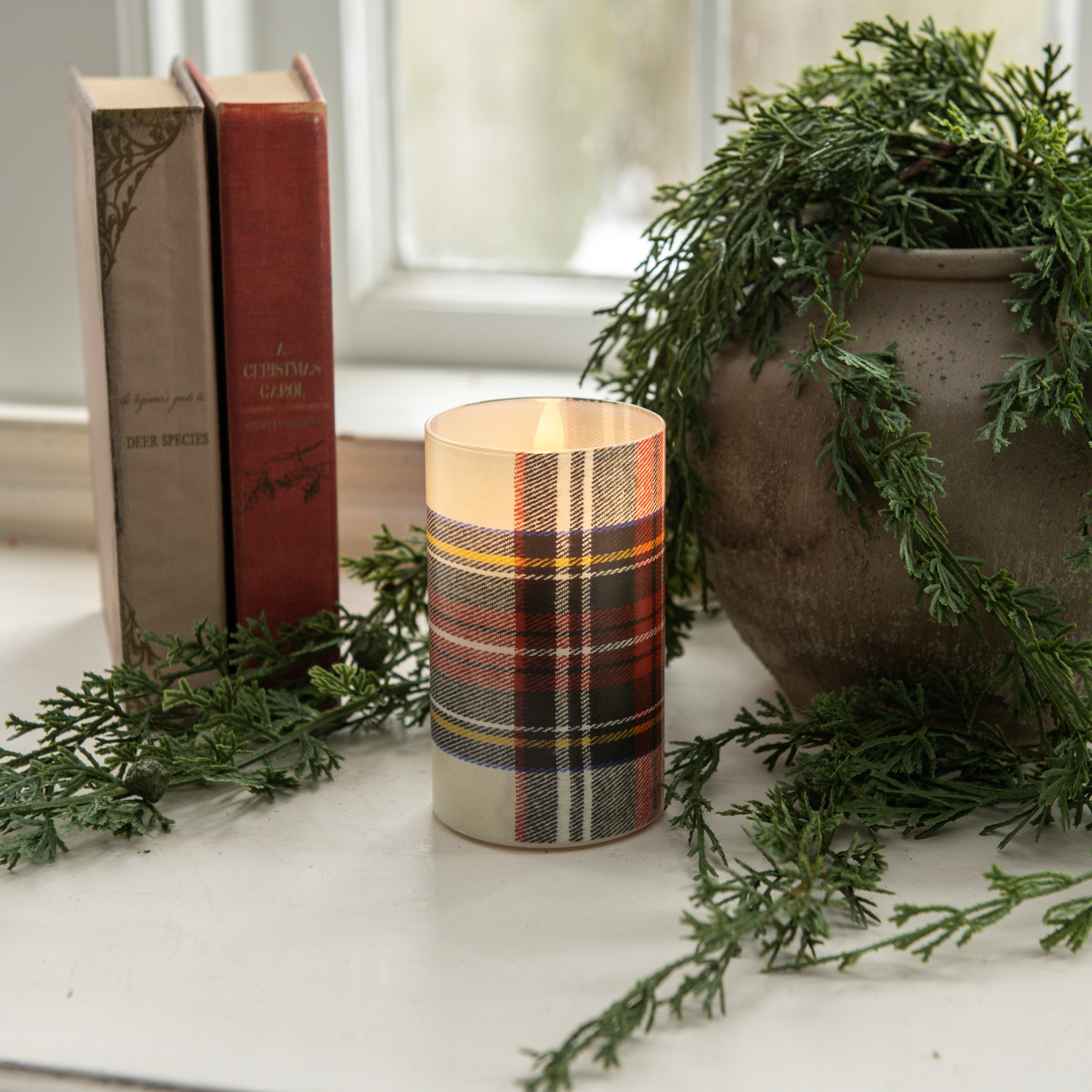 Flameless White Tartan Glass Candle, 5"
