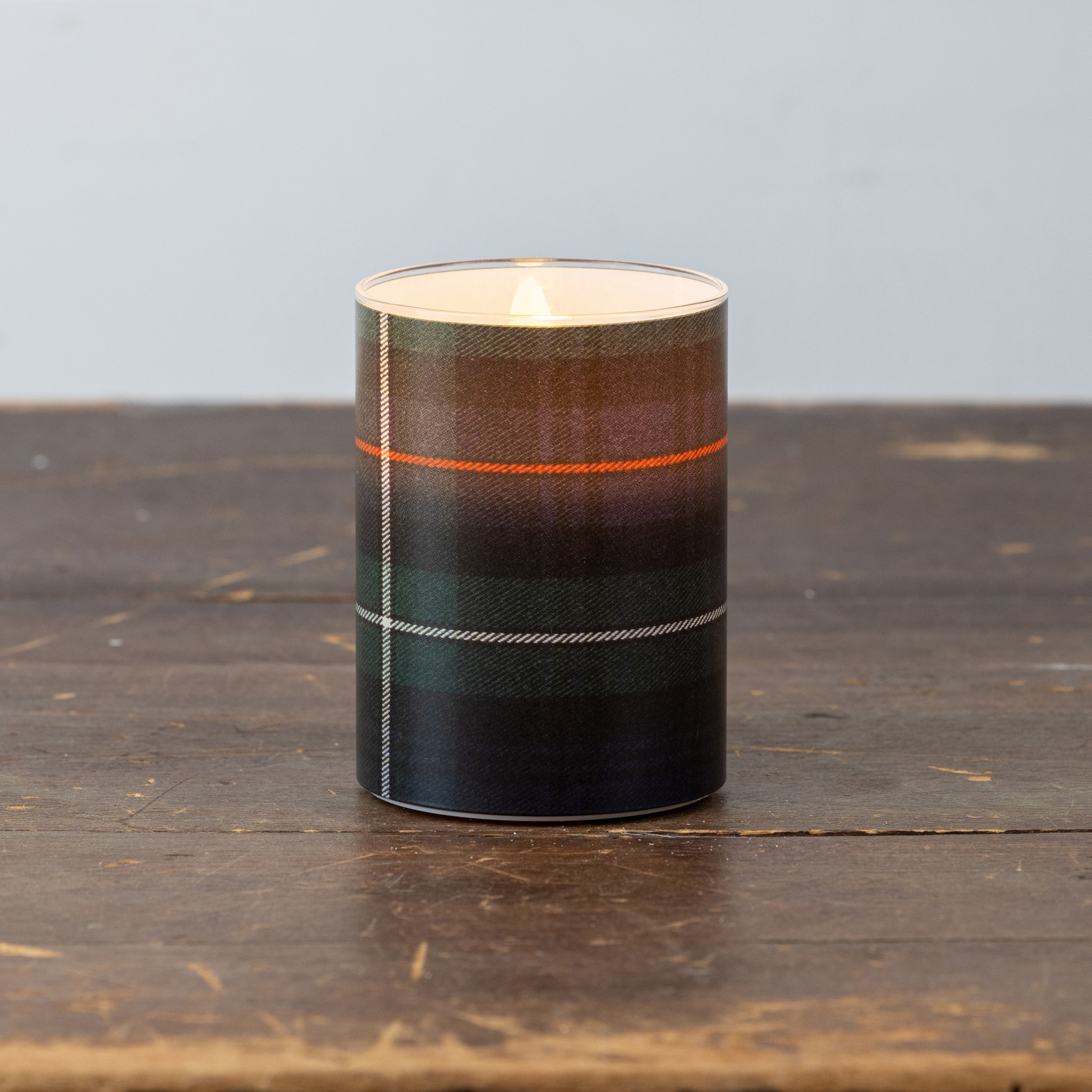 Flameless Green, Black & White Tartan Glass Candle, 4", photo 2 of 4