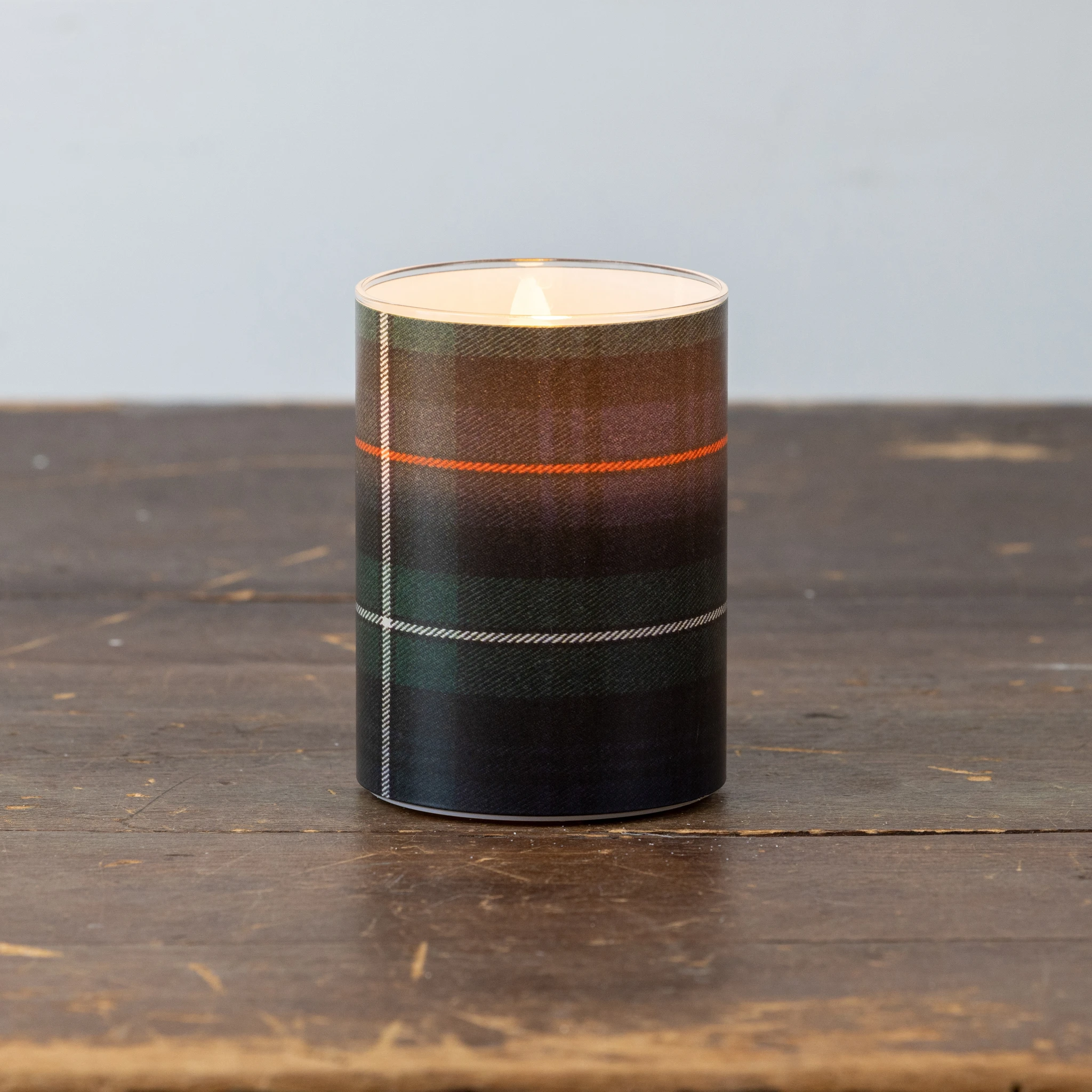 Flameless Green, Black & White Tartan Glass Candle, 4", photo 2 of 4