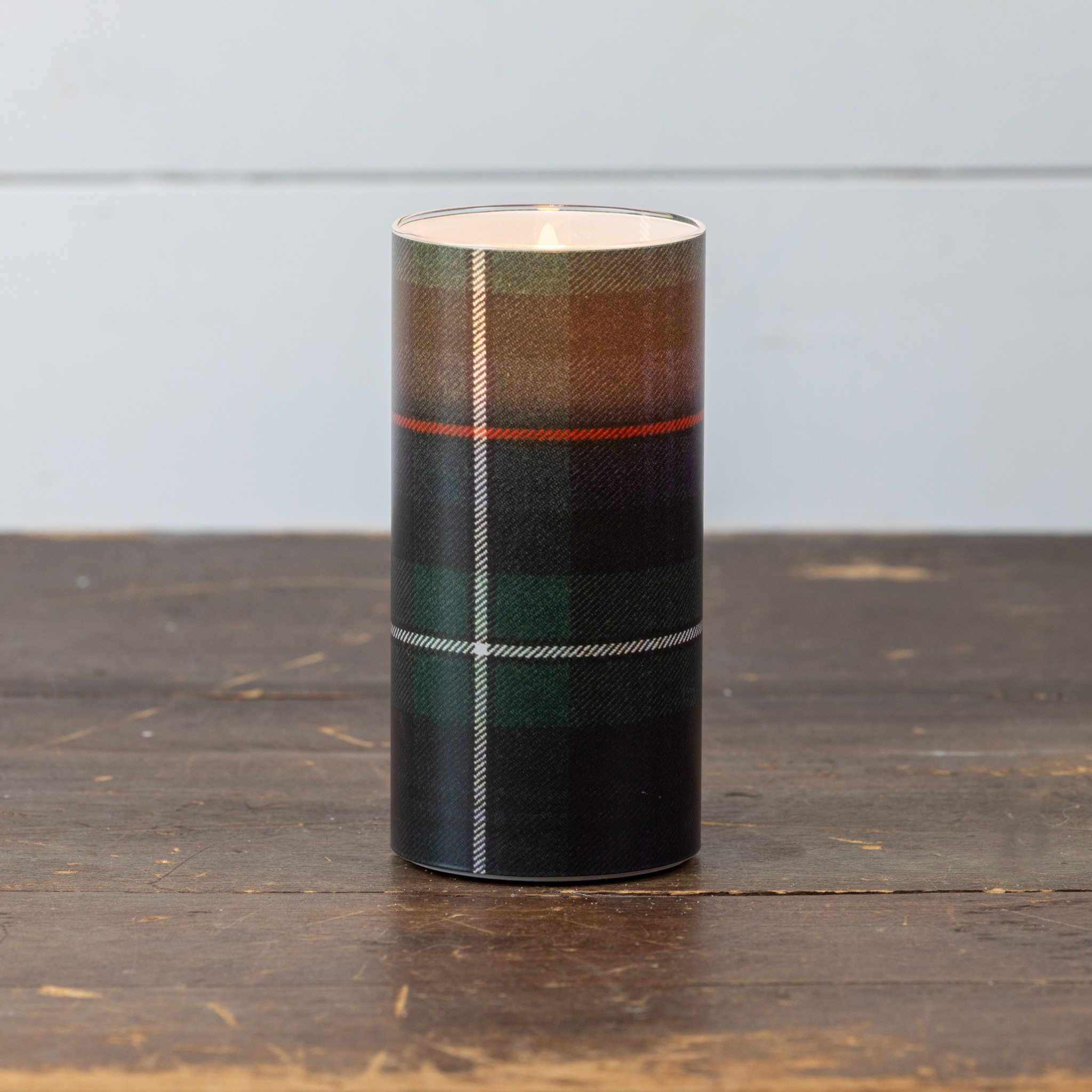 Flameless Green, Black & White Tartan Glass Candle, 6", photo 2 of 4