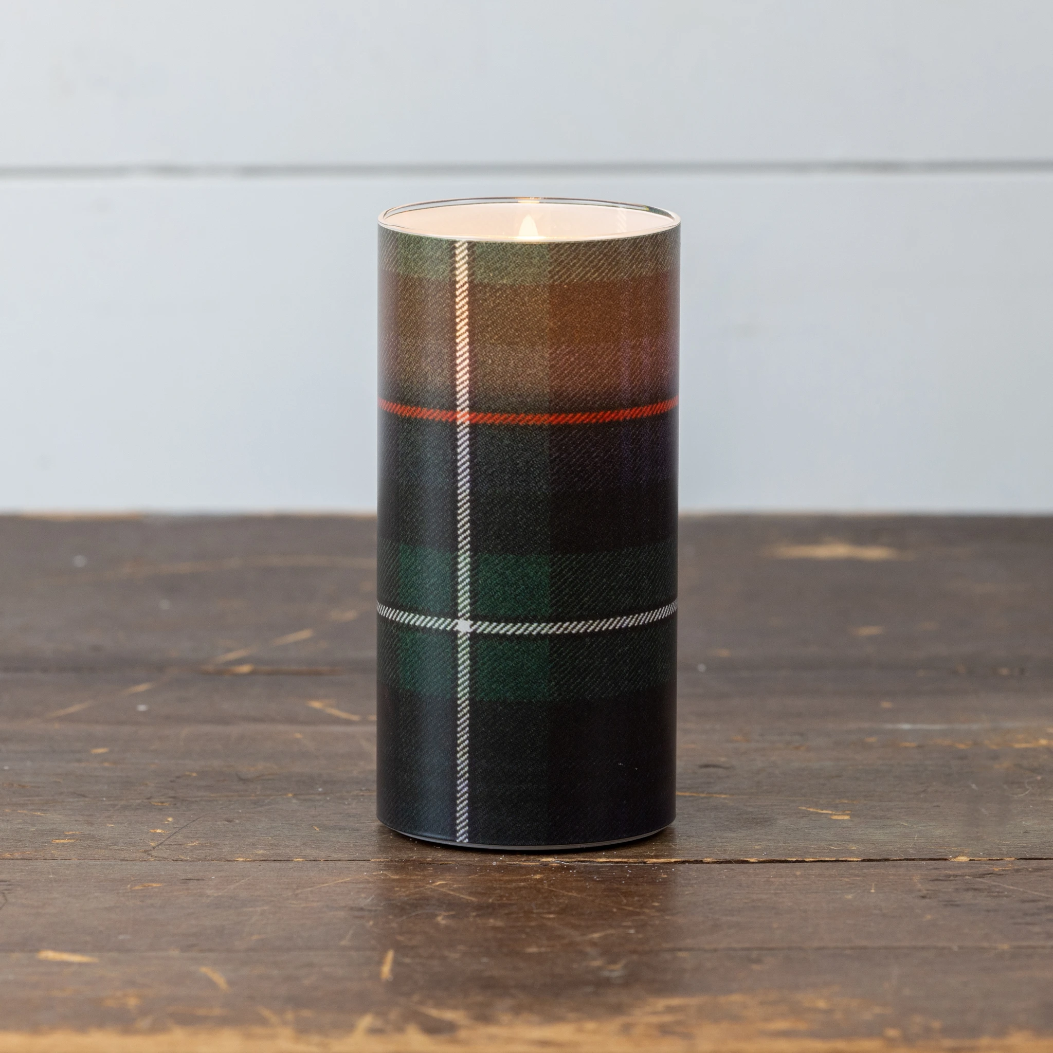 Flameless Green, Black & White Tartan Glass Candle, 6", photo 2 of 4