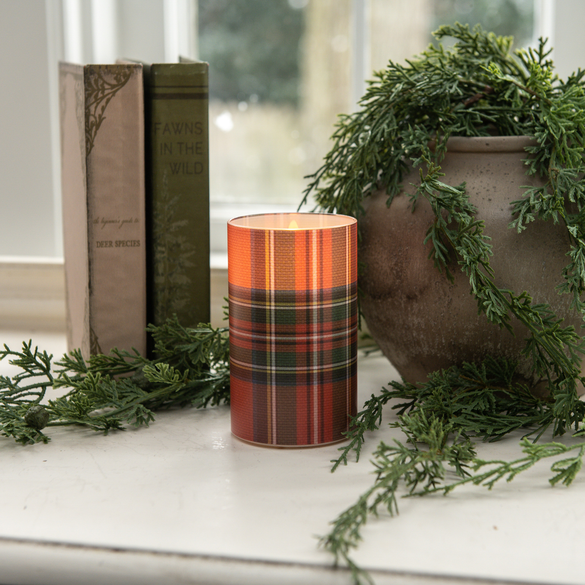 Flameless Red Tartan Glass Candle, 5"