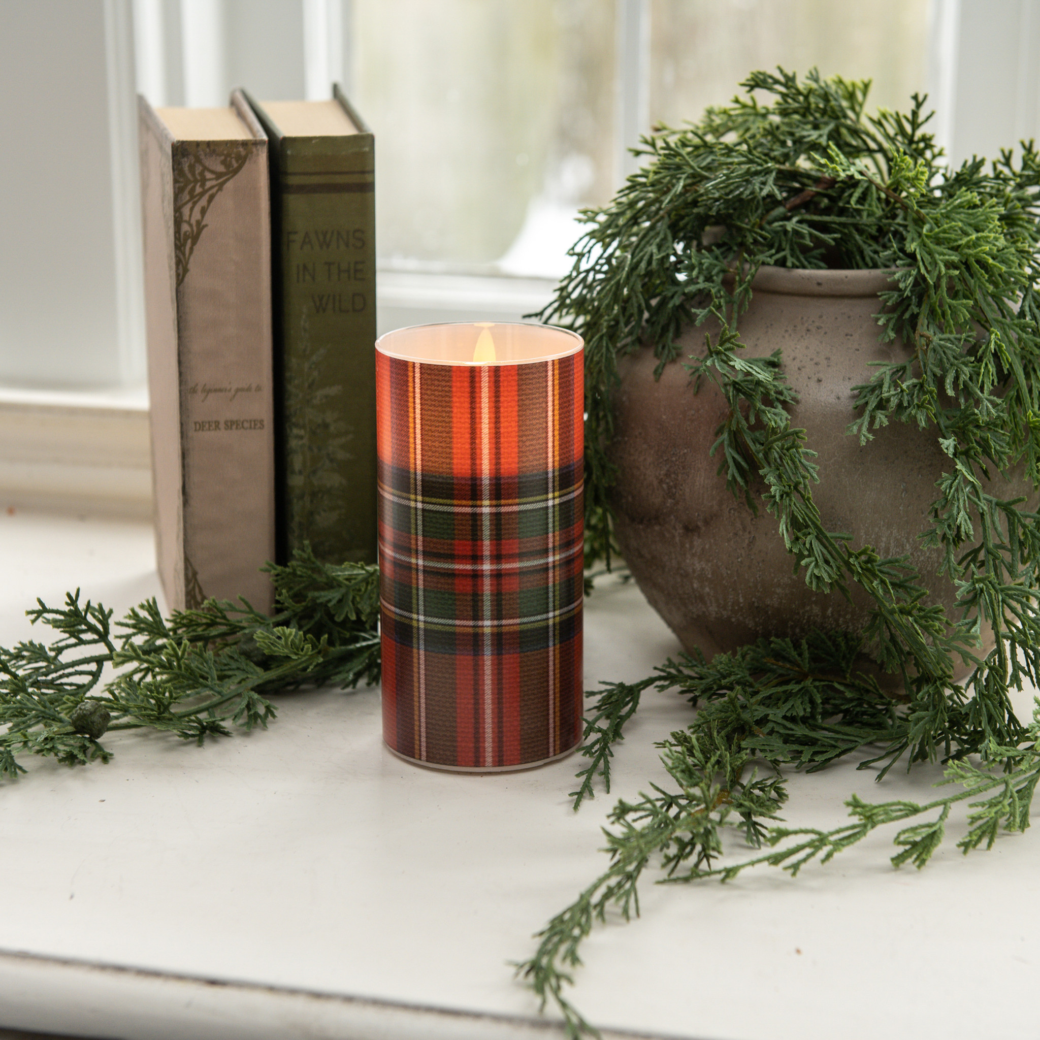 Flameless Red Tartan Glass Candle, 6"