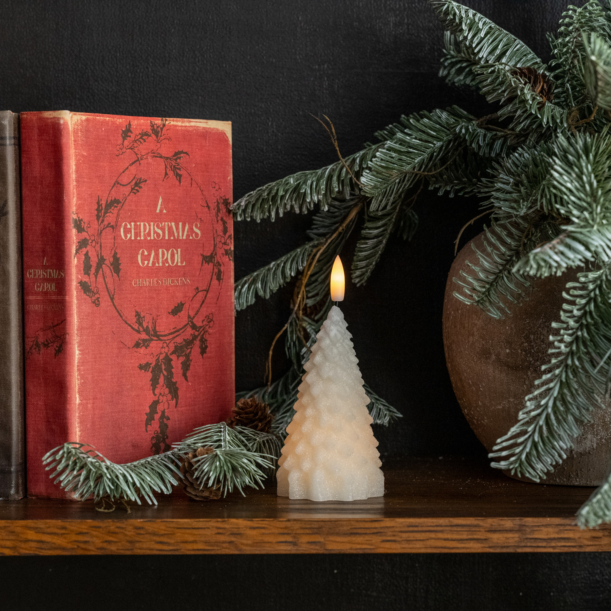 Flameless Cream Shimmer Fir Tree Candle, 5.5"