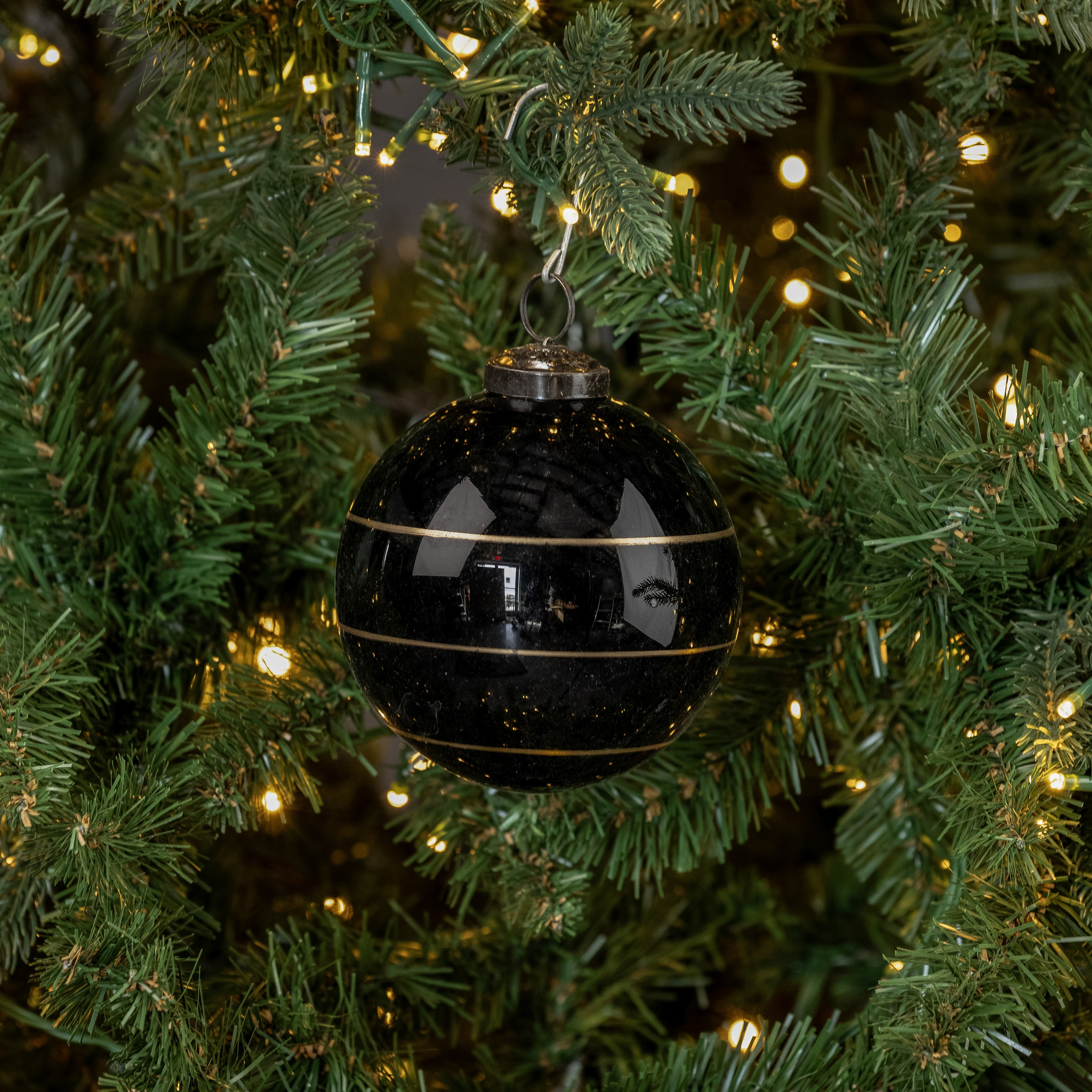 Black Kugel Ornament with Gold Stripe, 4"