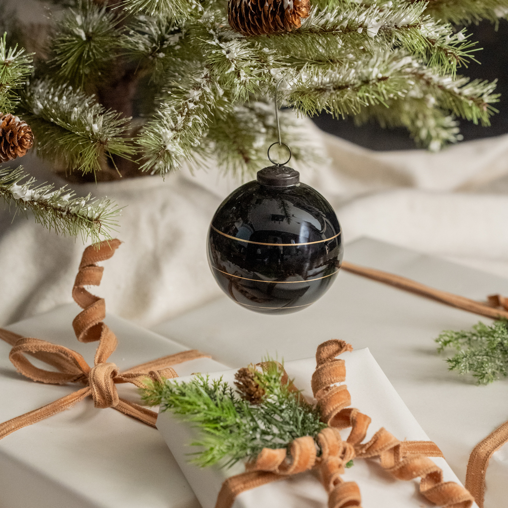Black Kugel Ornament with Gold Stripe, 4"
