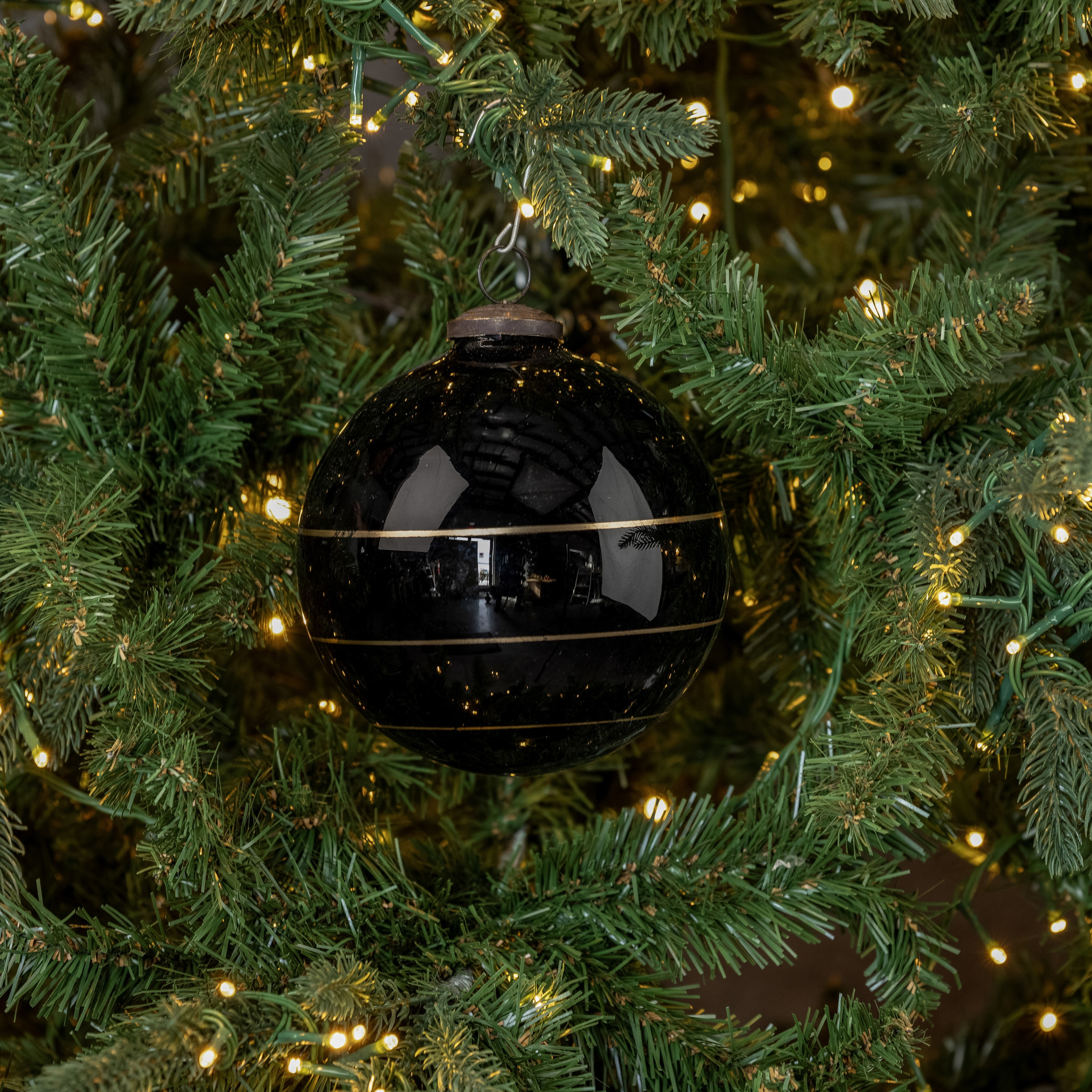 Black Kugel Ornament with Gold Stripe, 5"
