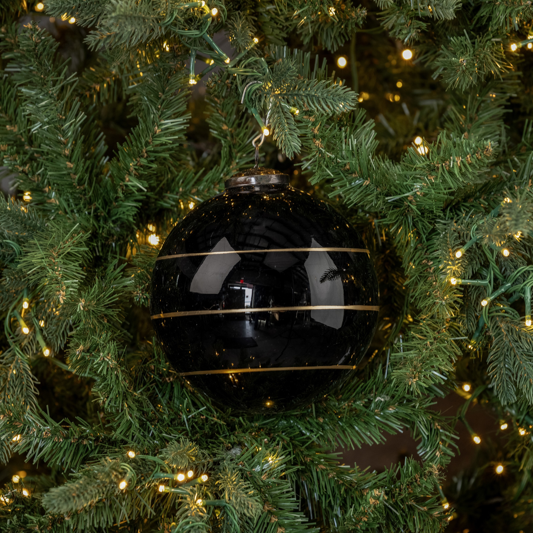 Black Kugel Ornament with Gold Stripe, 6"
