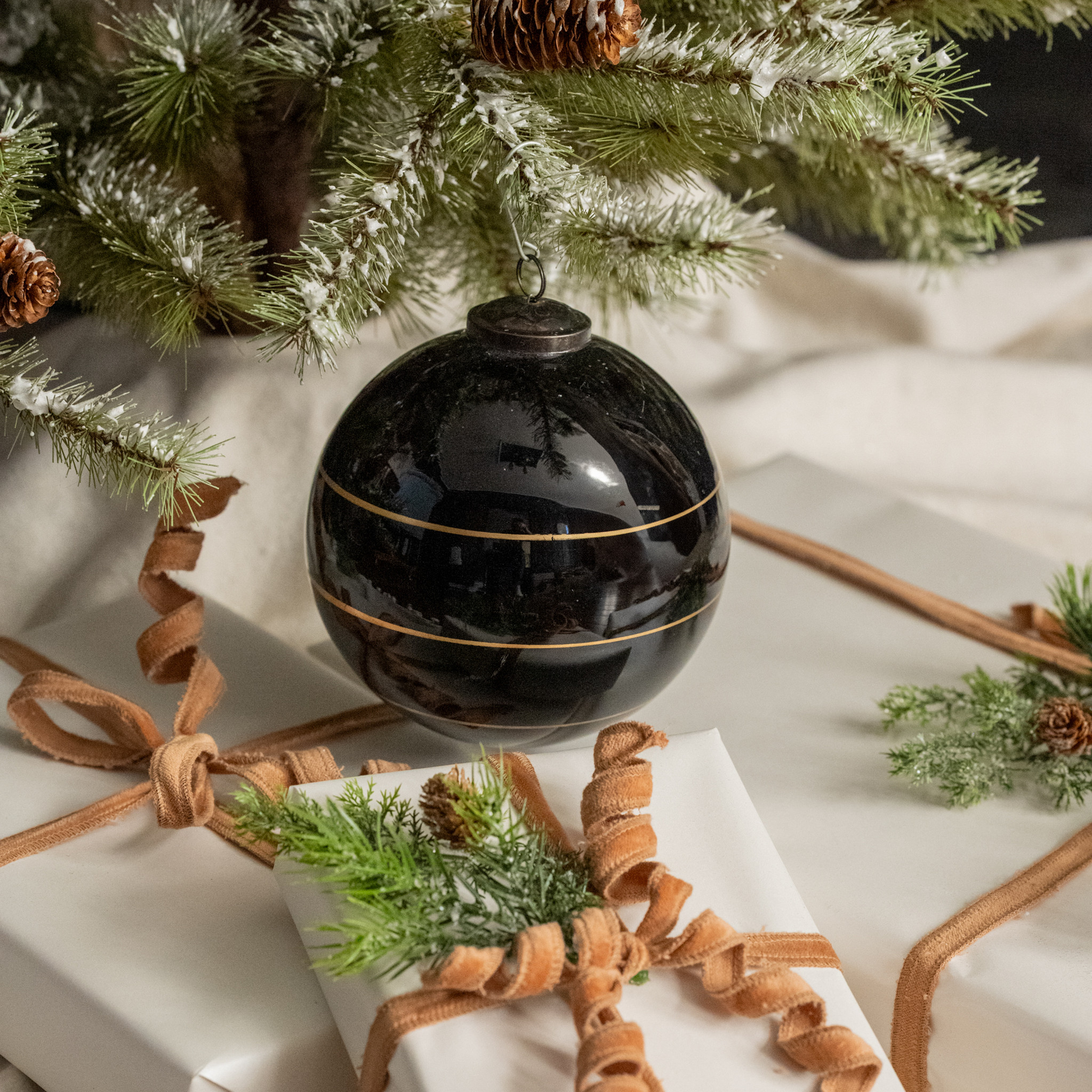 Black Kugel Ornament with Gold Stripe, 6"