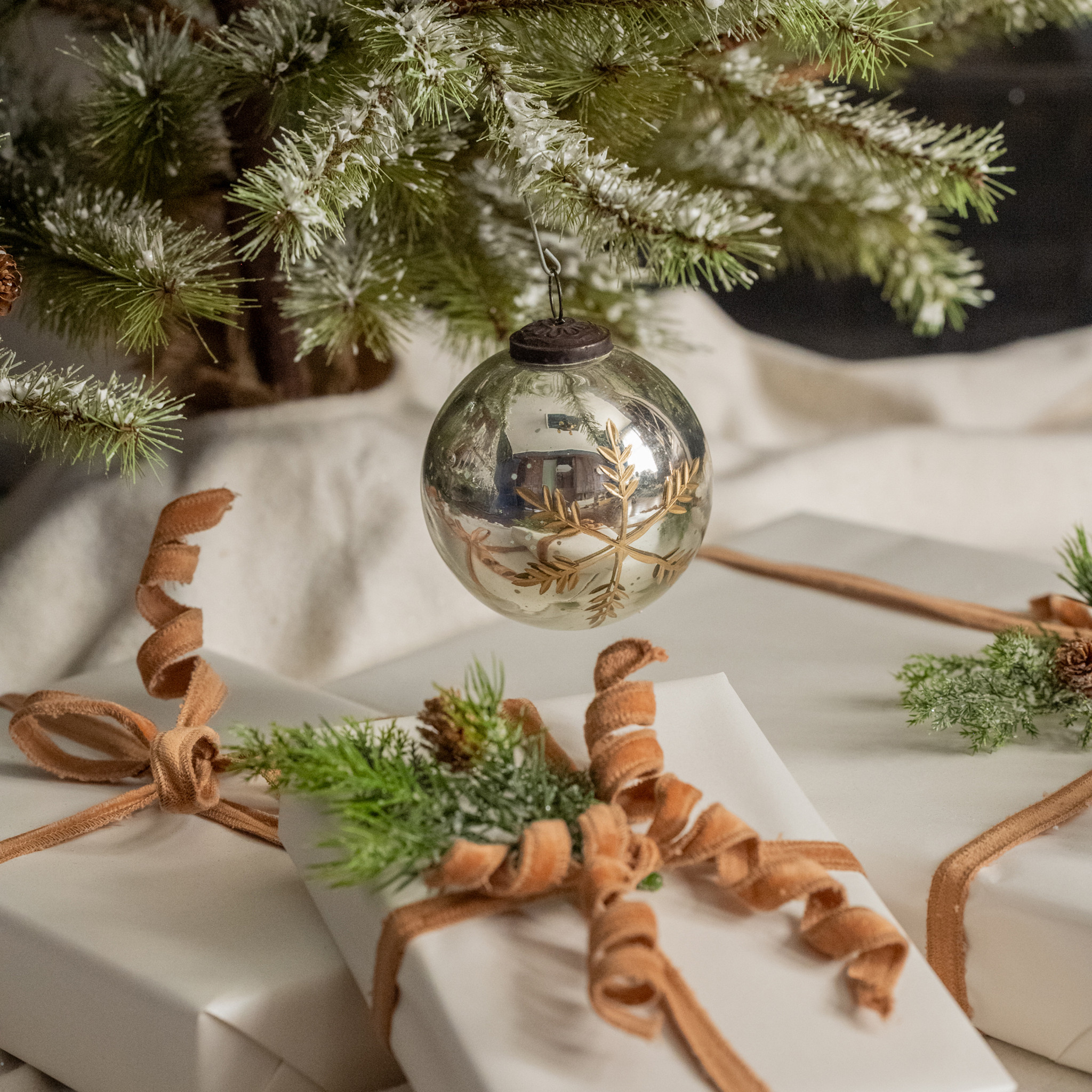 Silver Kugel Ornament with Gold Snowflake, 4"