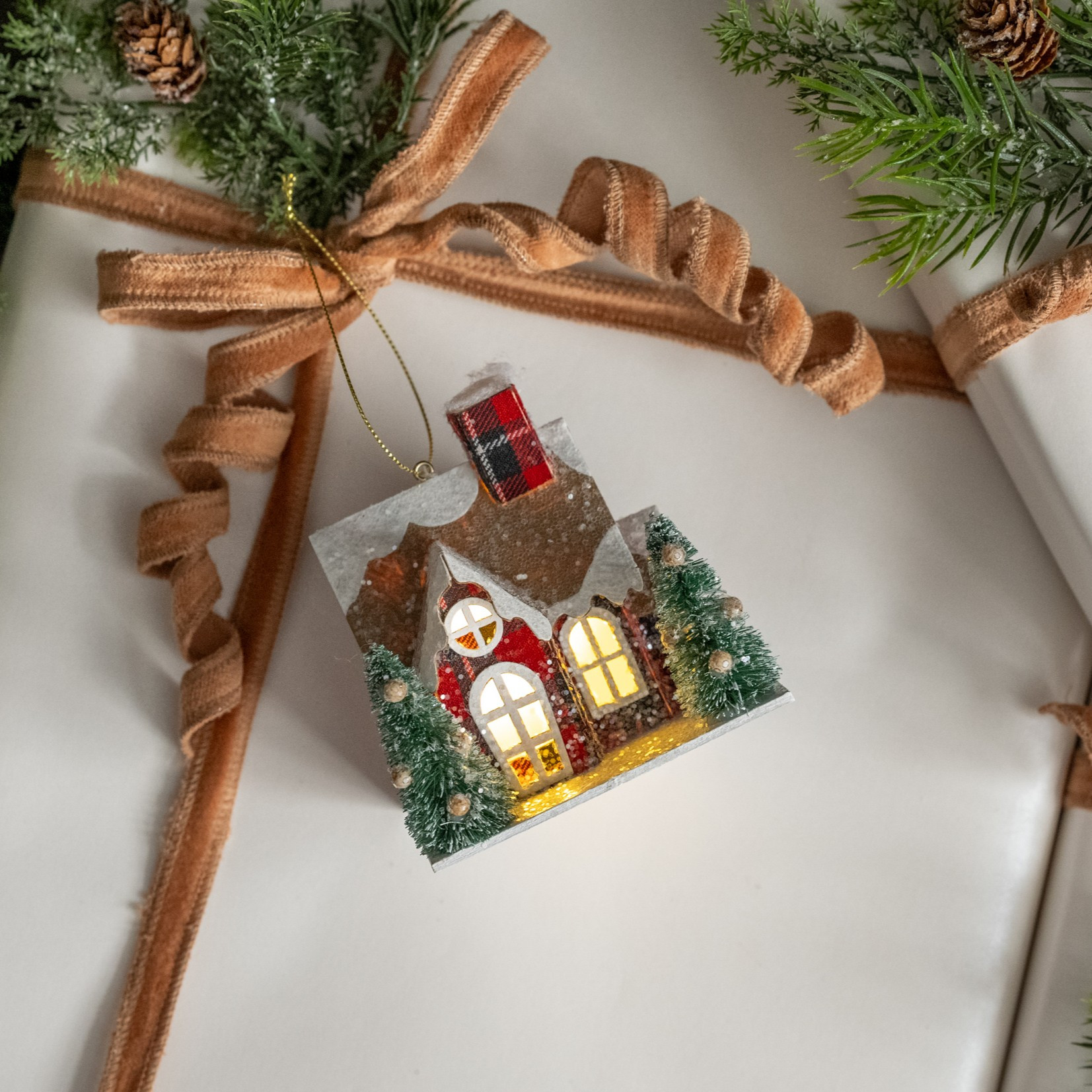 Plaid Lighted House Ornament, photo 2 of 2