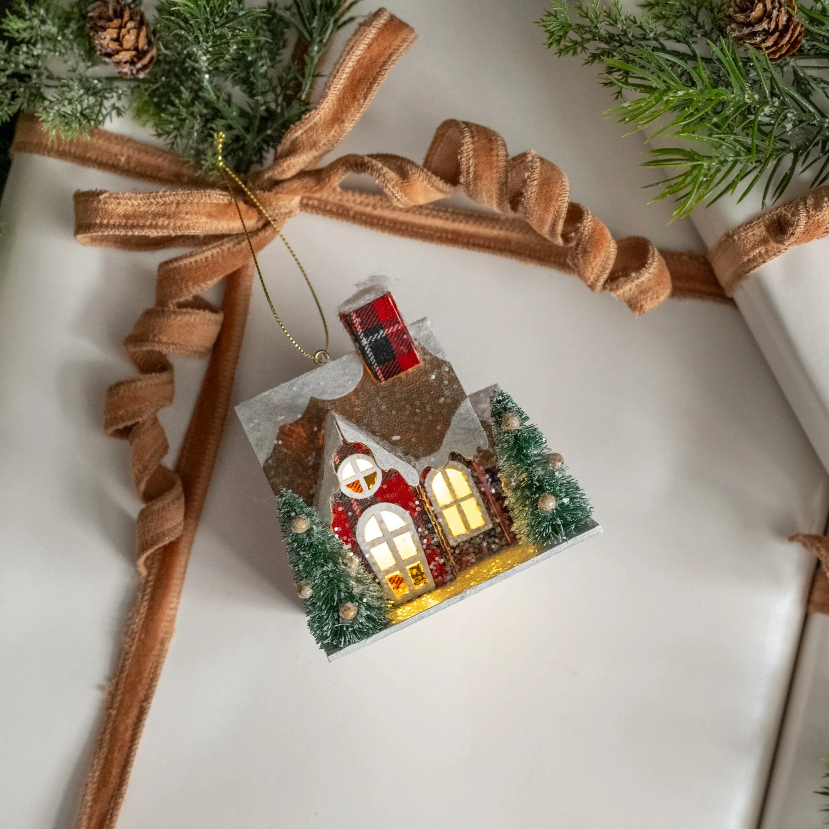 Plaid Lighted House Ornament