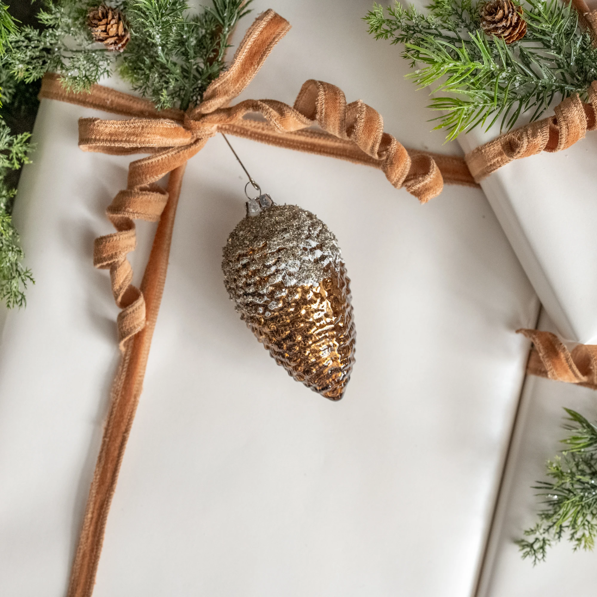 Brown Pinecone with Silver Glitter Ornament, 4.5"