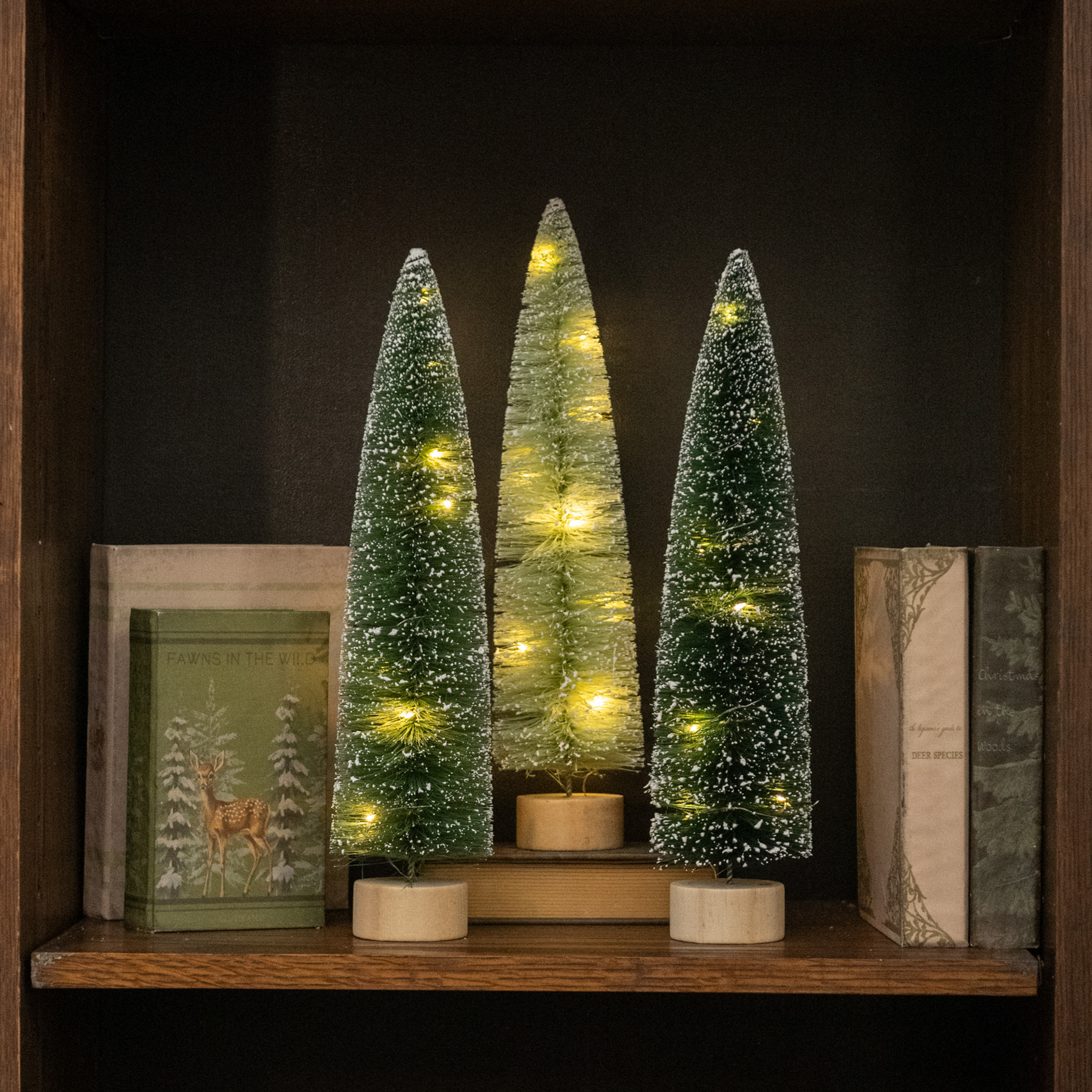 Lighted Green Bottlebrush Trees, Set of 3, 15"