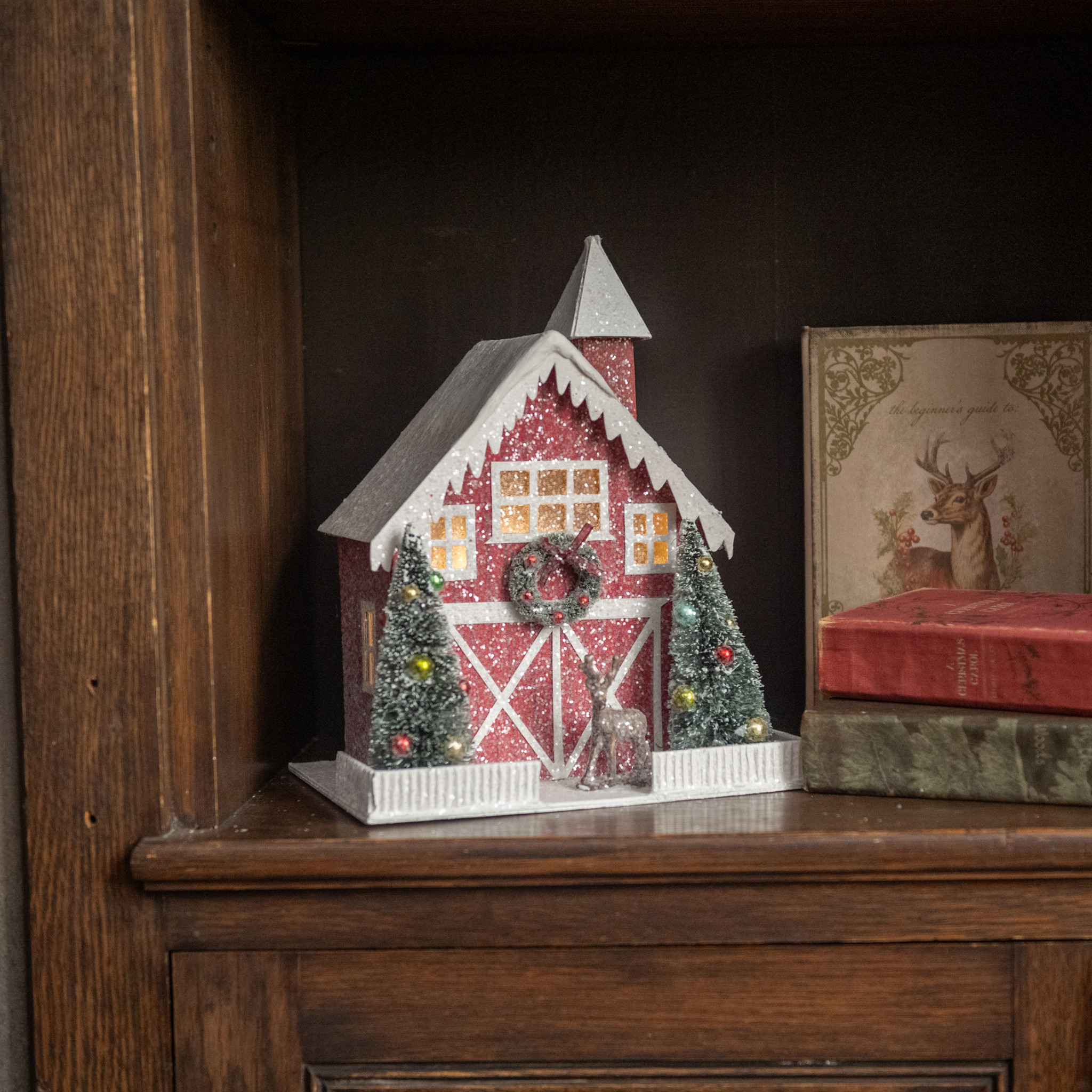 Lighted Red Barn with Deer