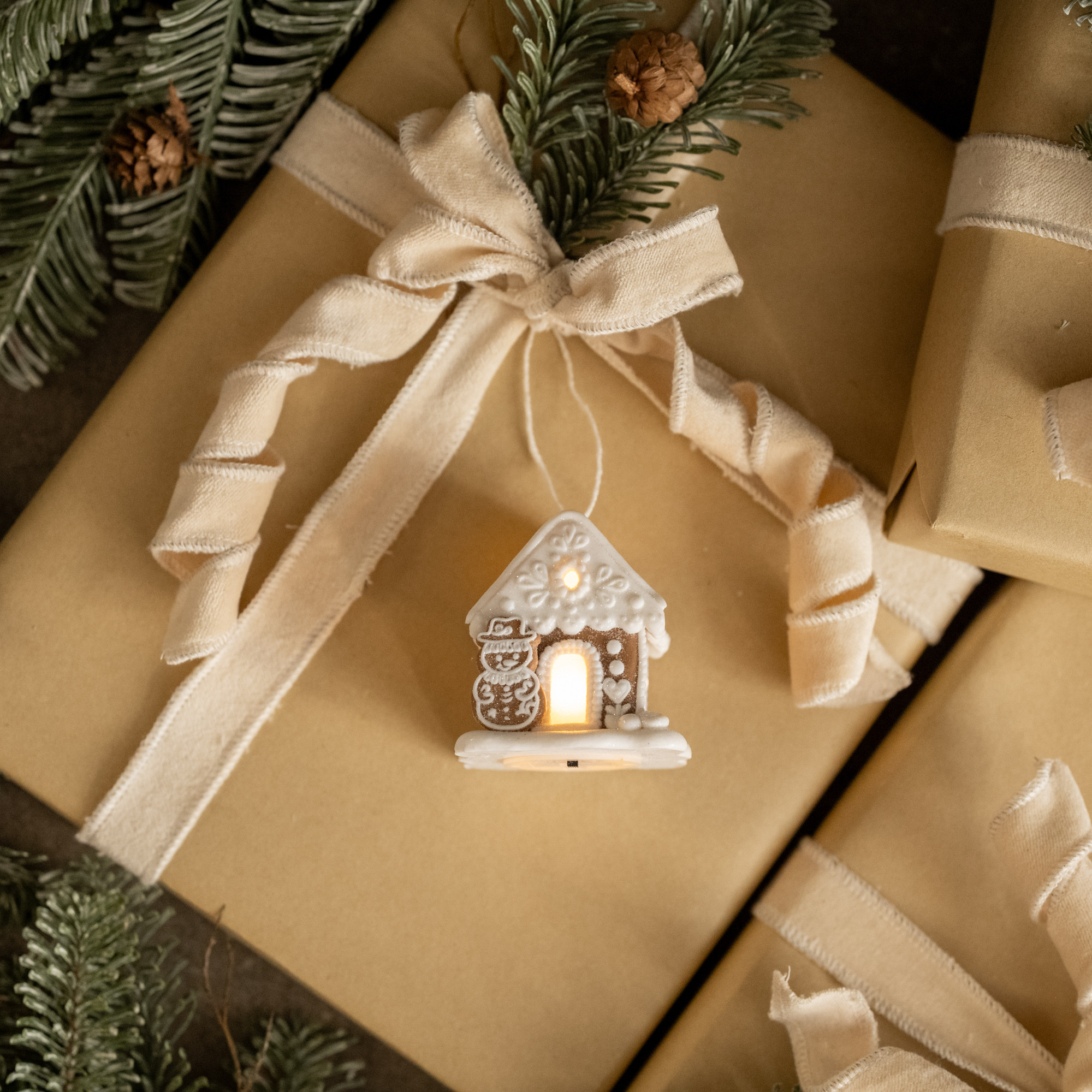 Light-Up Gingerbread House Ornament with Tree