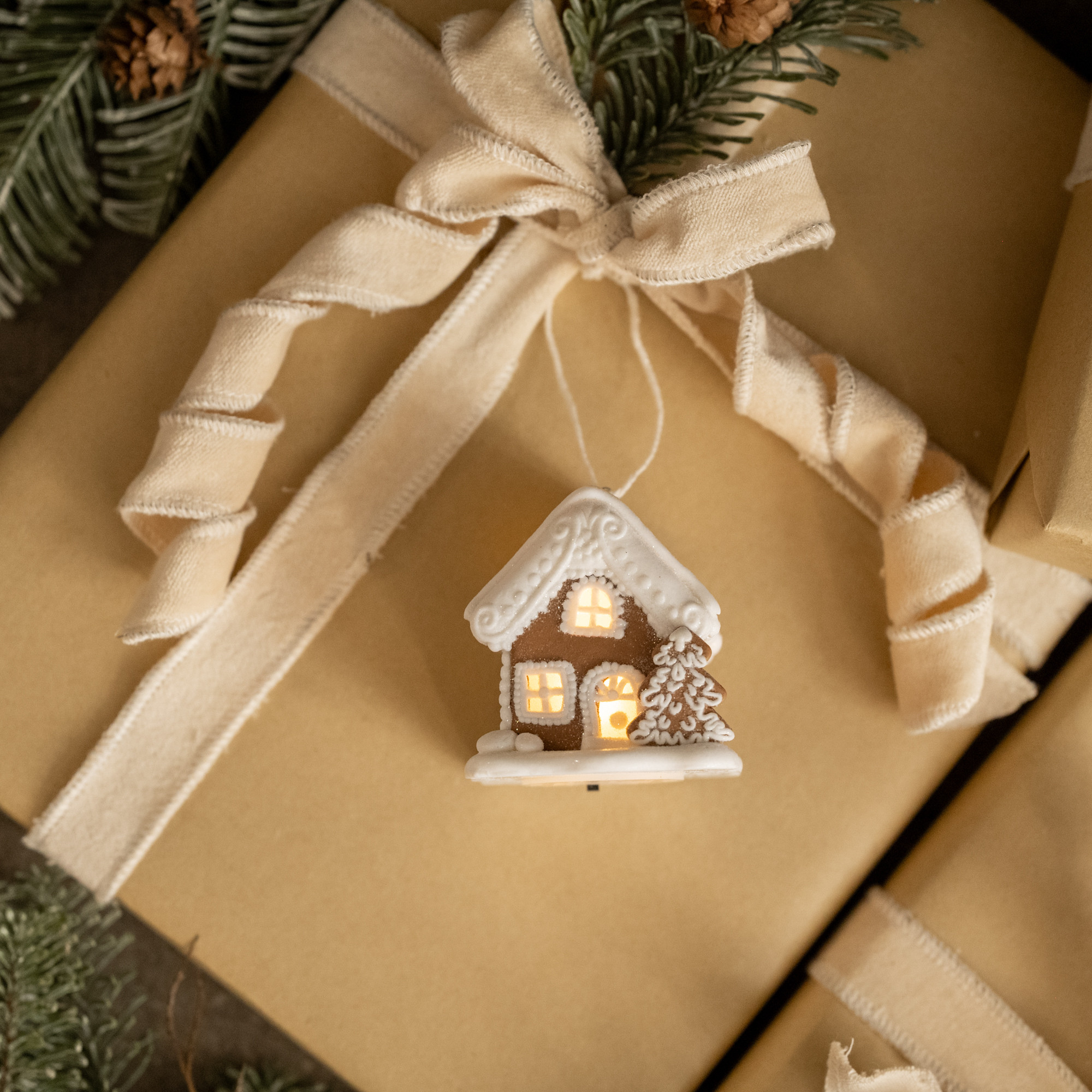 Light-Up Gingerbread House Ornament with Snowman