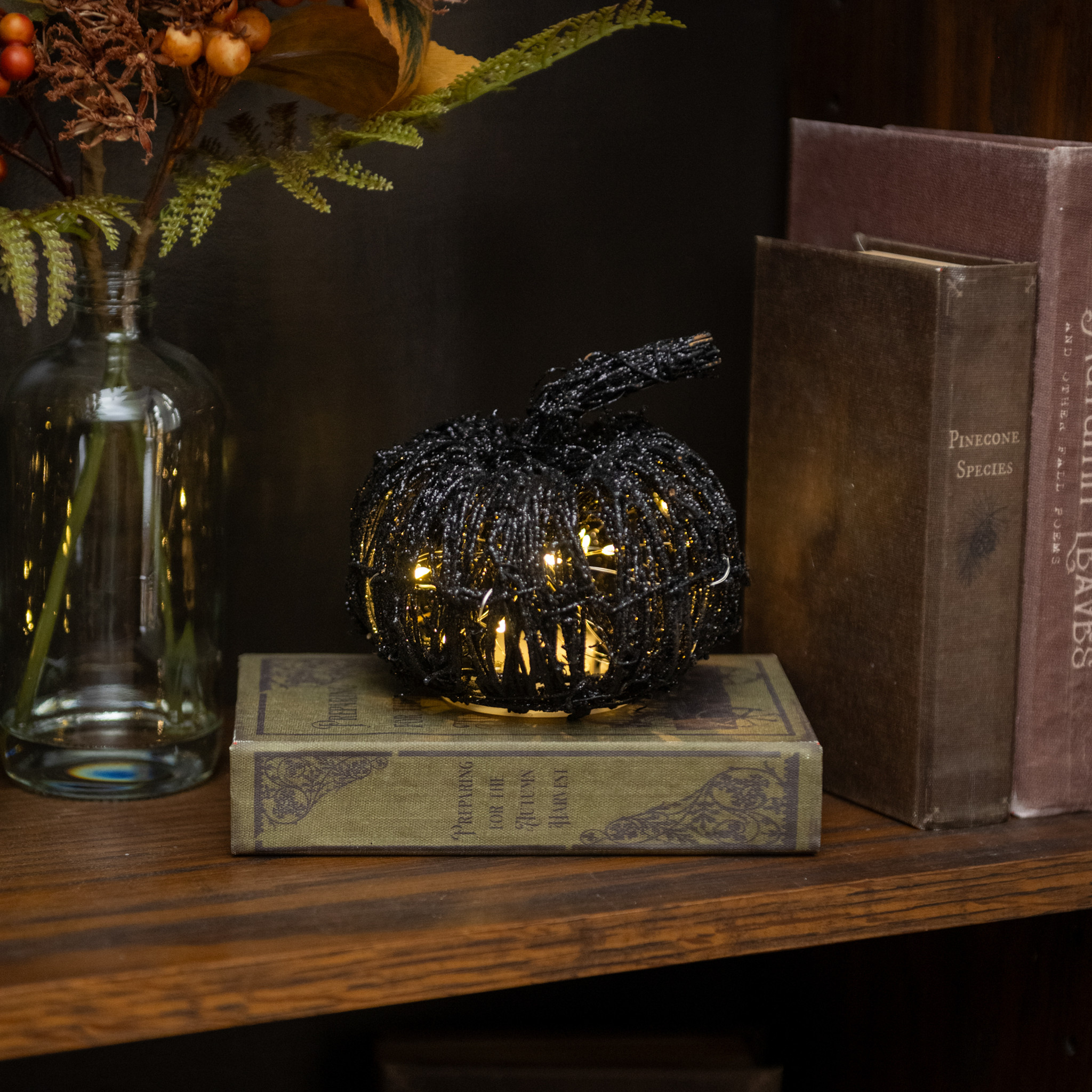 Lighted Black Glitter Rattan Pumpkin, 4.5", photo 2 of 3
