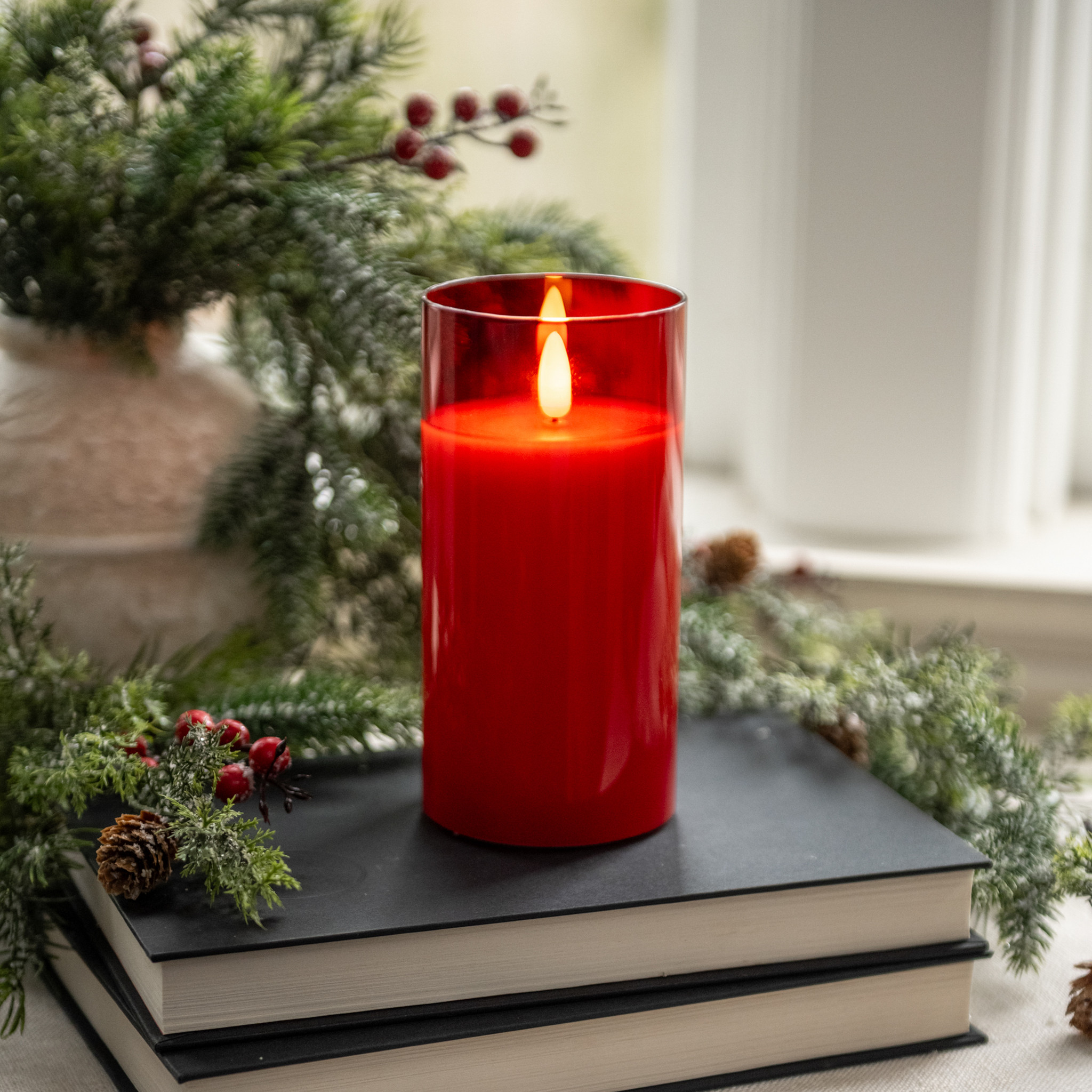 Flameless Red Glass Candle, 6"