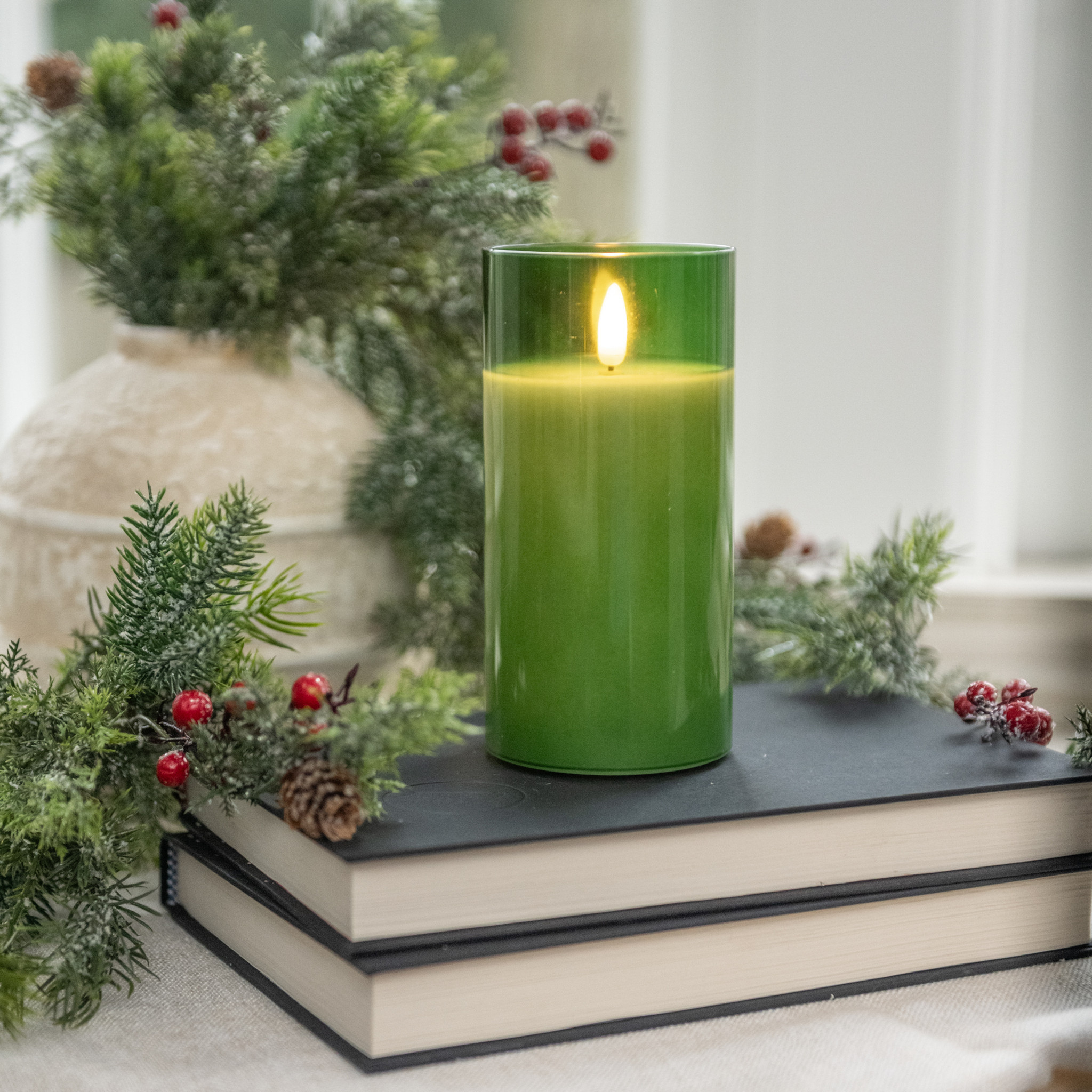 Flameless Pine Green Glass Candle, 6"
