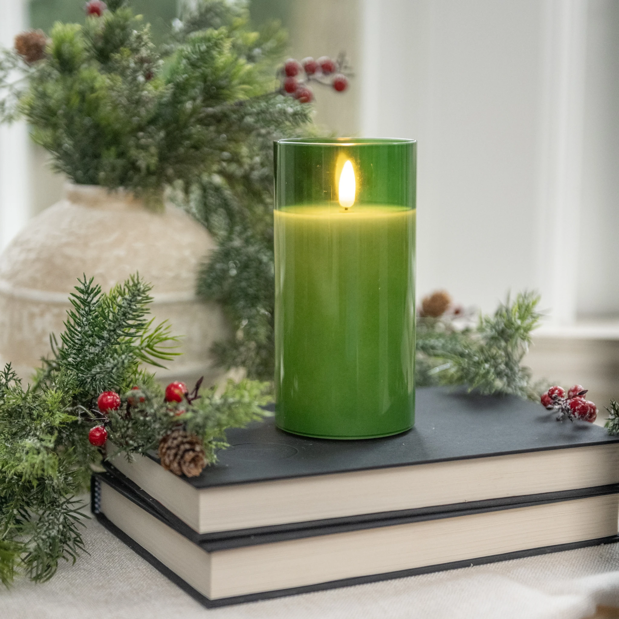 Flameless Pine Green Glass Candle, 6"