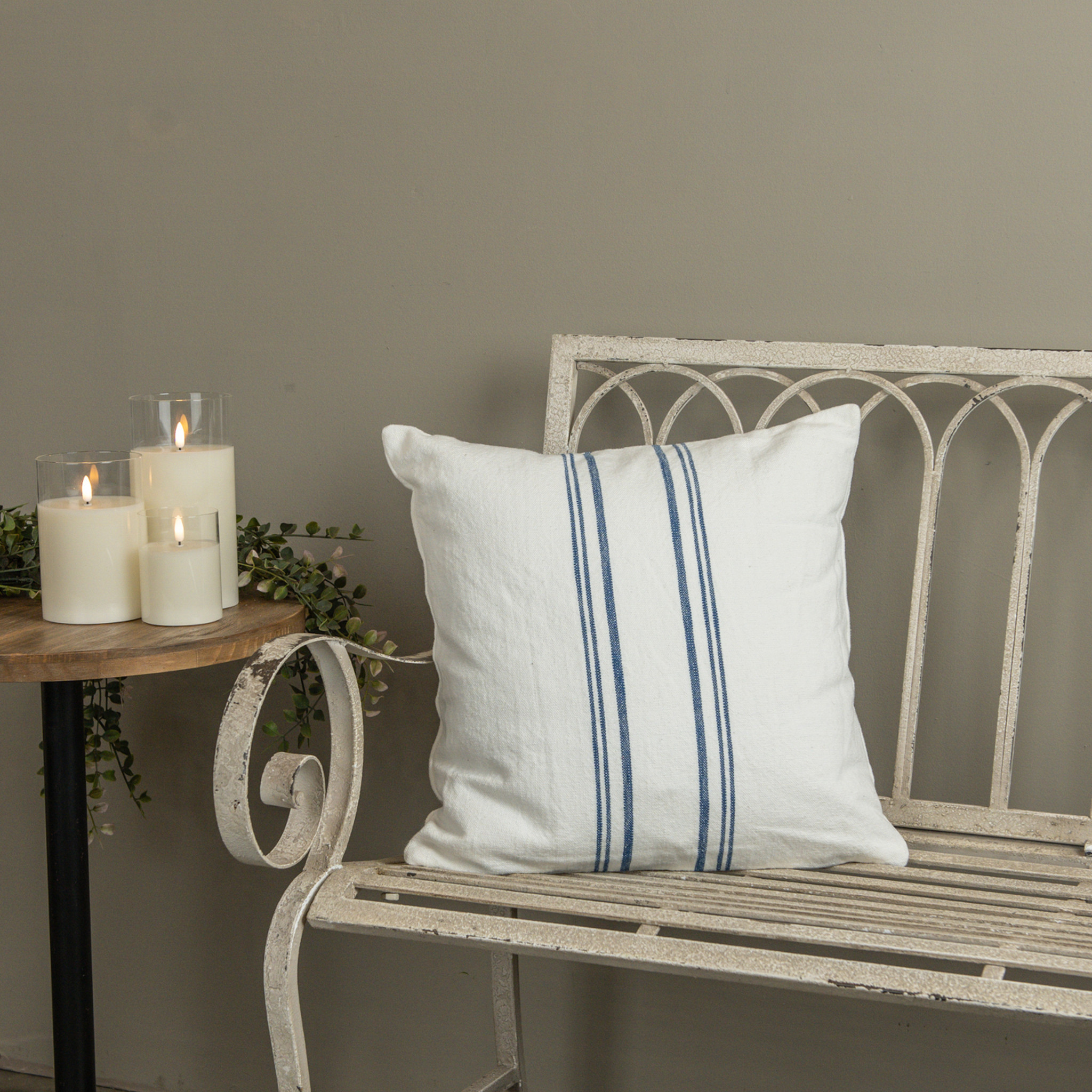 White Pillow with Blue Stripe, 18"