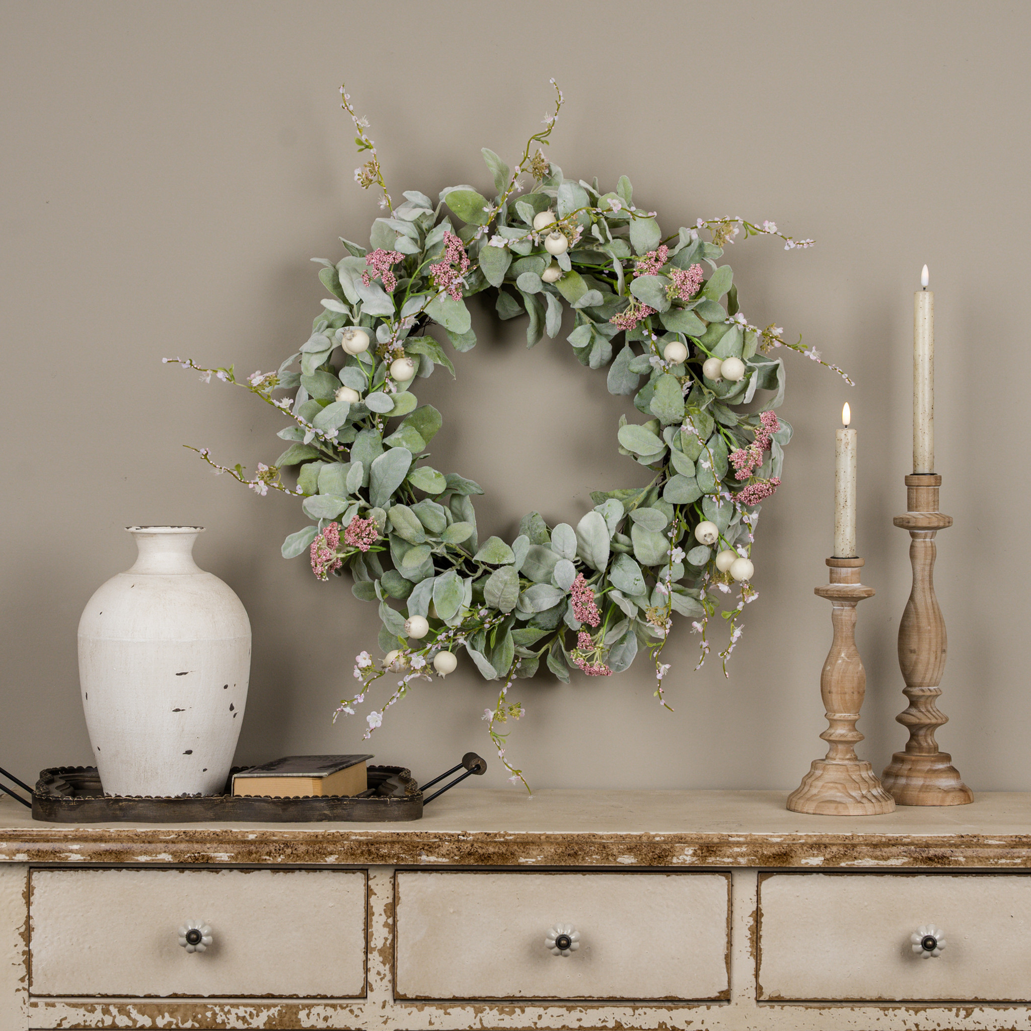 Pink Berry & Lamb's Ear Wreath, 24"
