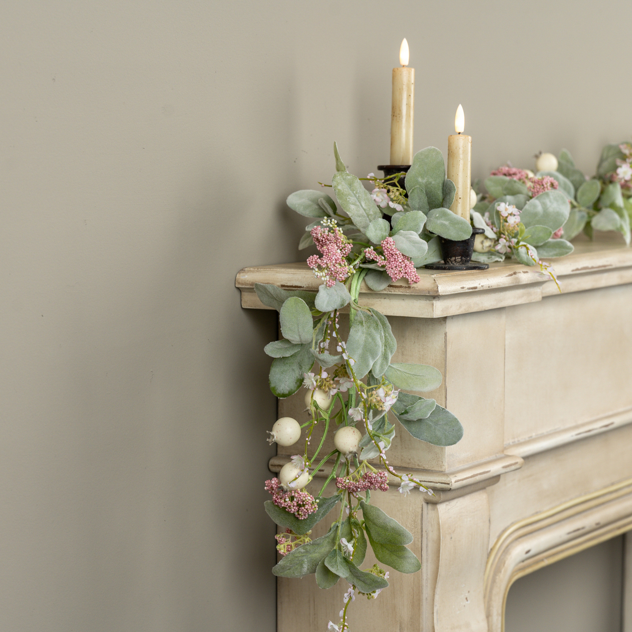 Pink Berry & Lamb's Ear Garland, 6 ft