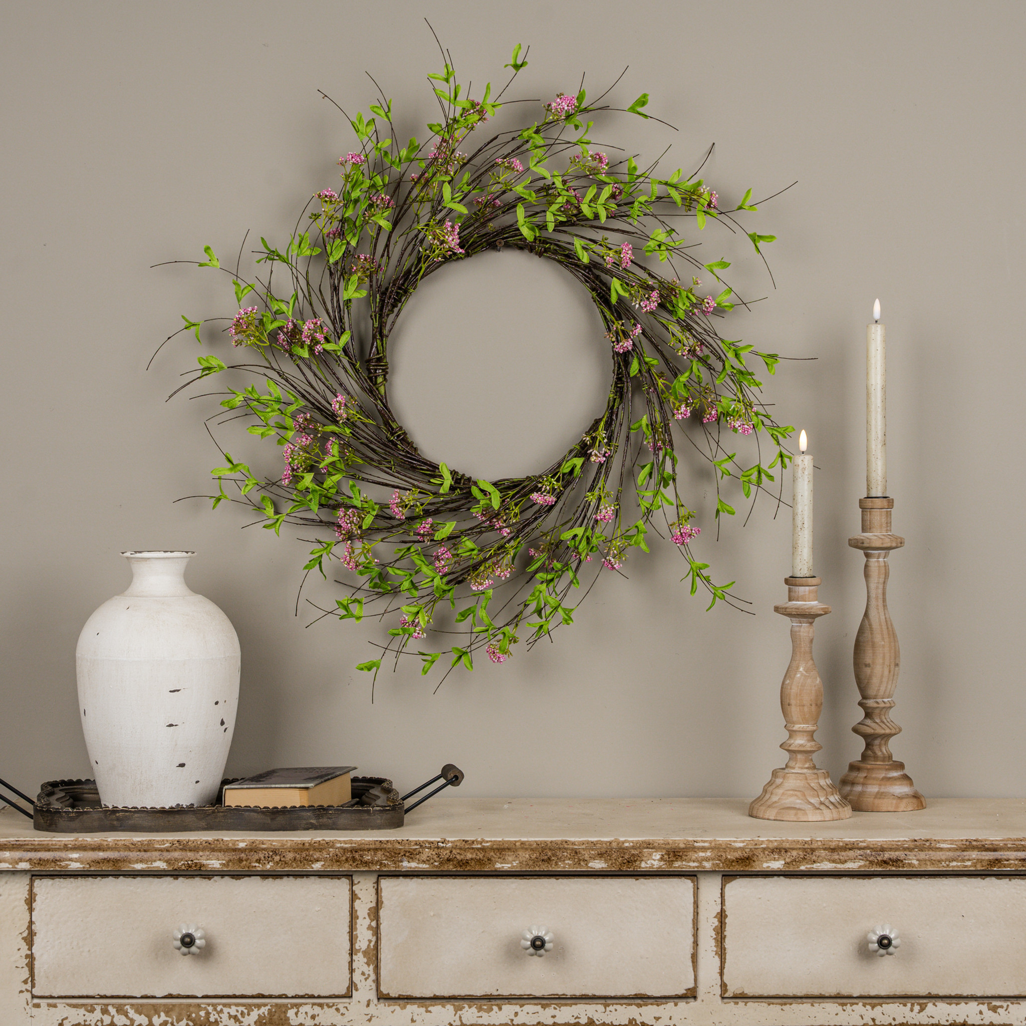 Pink Boxwood & Wildflower Vine Wreath, 24"