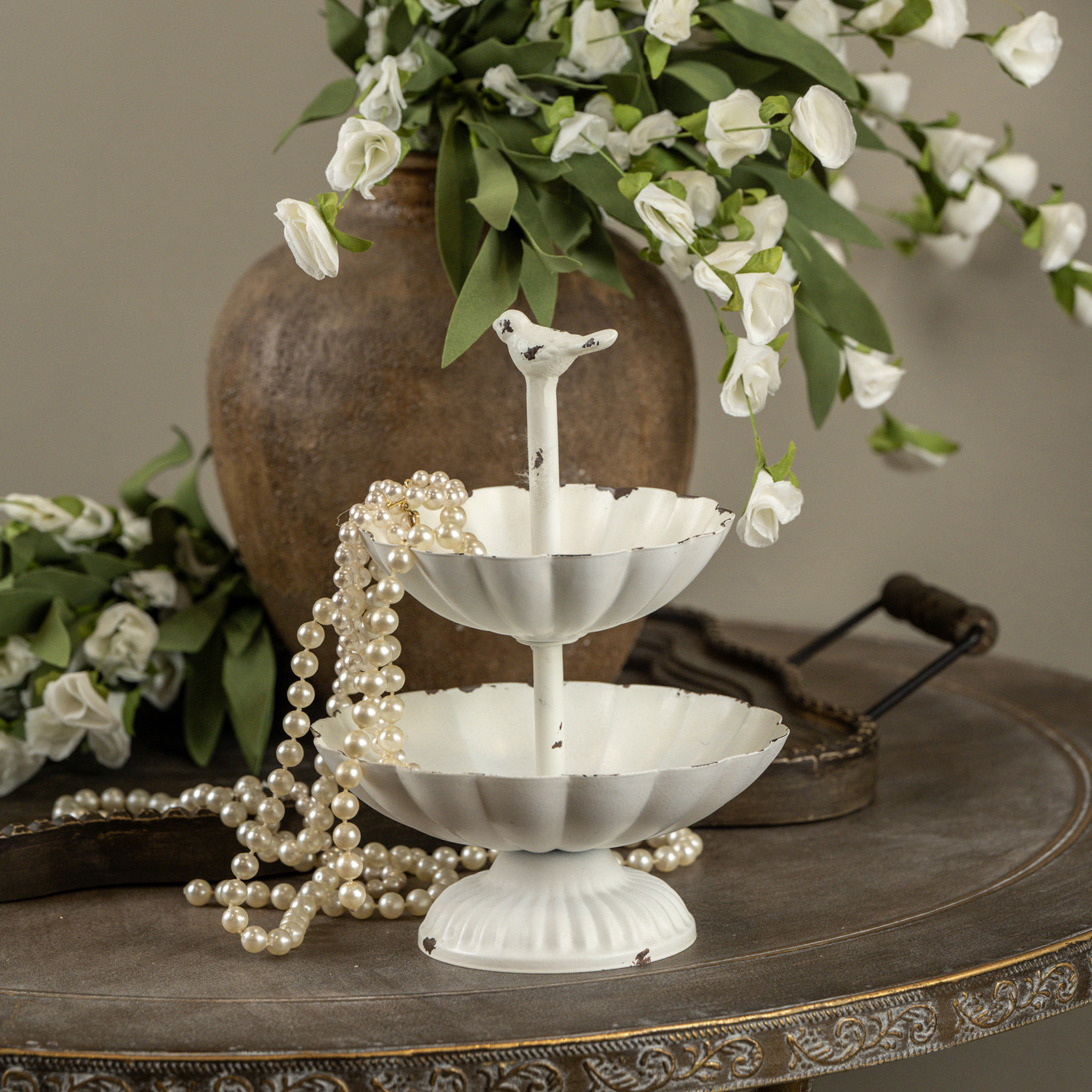 Two Tier Scalloped Tray with Bird