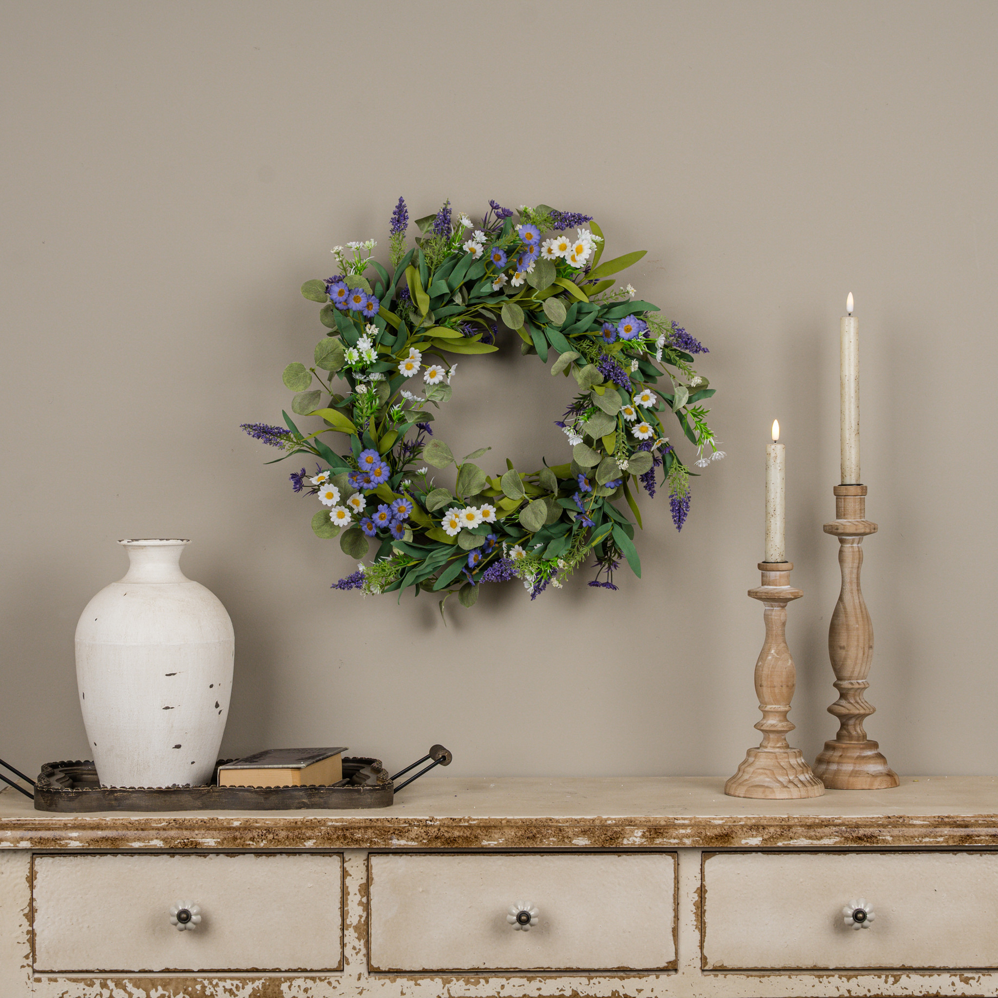 Purple & White Mixed Spring Wreath, 20"
