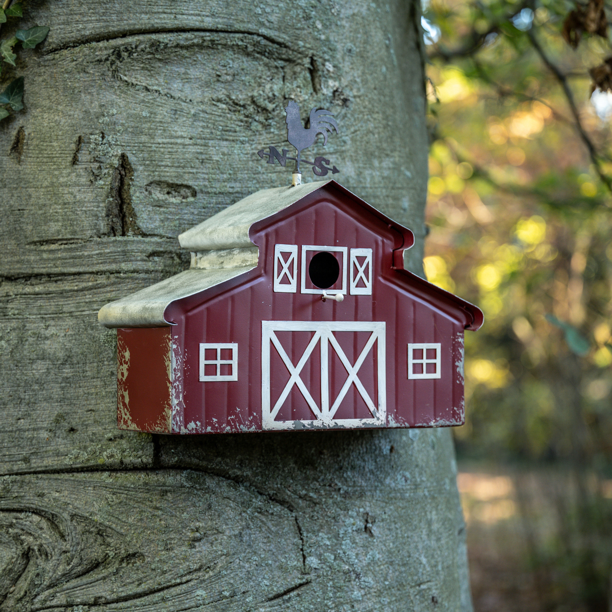 Red Barn Birdhouse with Rooster Weathervane