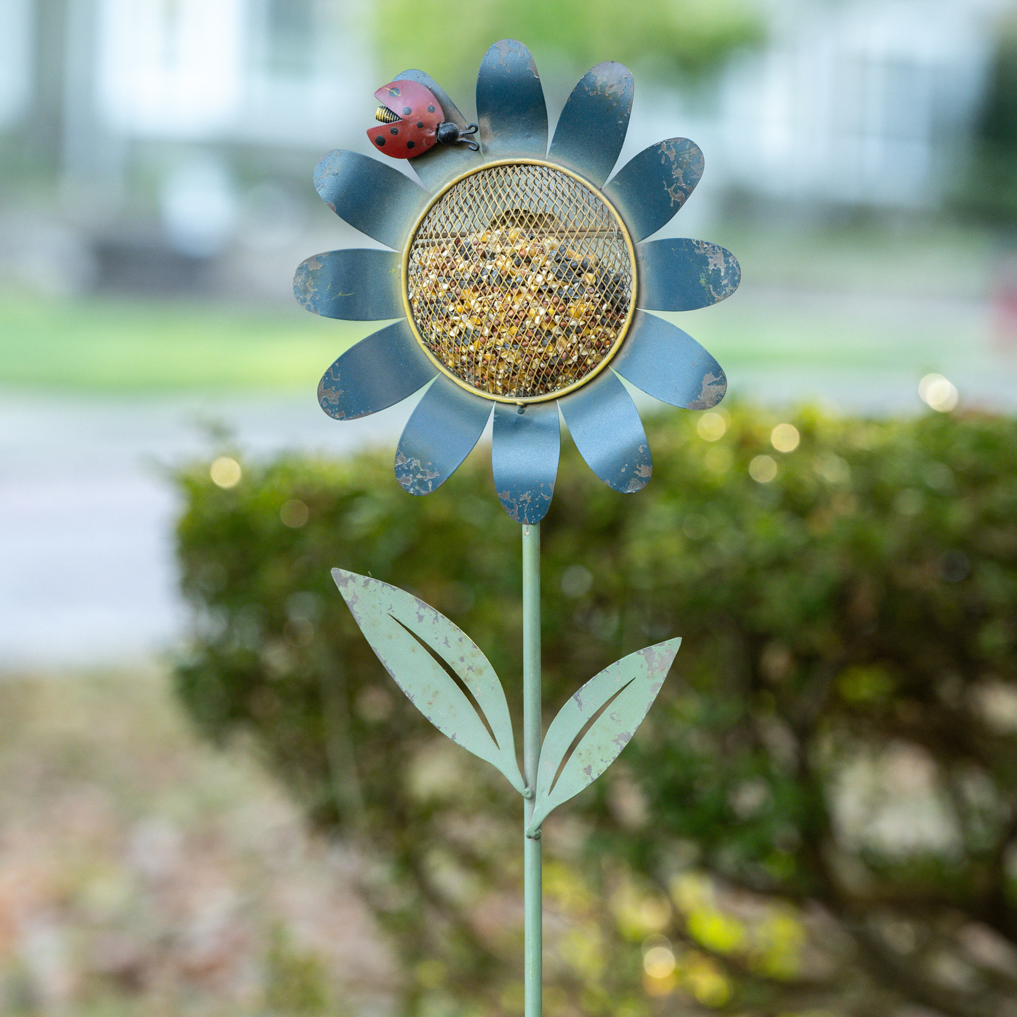 Blue Daisy Bird Feeder Stake with Ladybug